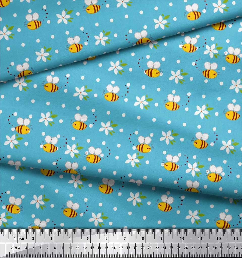Soimoi Cotton Poplin Blue Floral Bee Fabric - for Sewing & Quilting