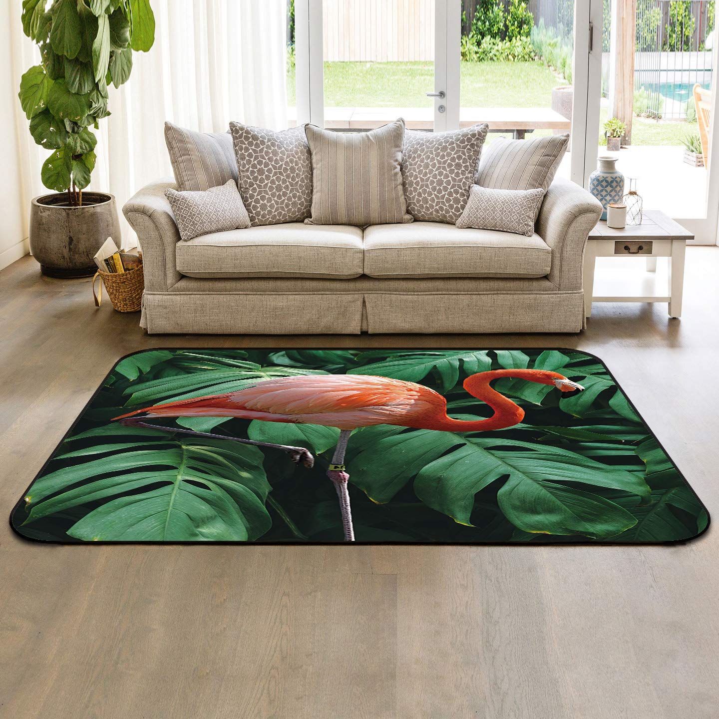 5'x8' Pink Flamingo Non-Slip Area Rug - Machine Washable Rectangle Carpet for Living Room, Bedroom & Kids Room - Tropical Leaf Decor Summer Home Decor - Perfect for Beach House, Nursery or Boho Chic Interior Design