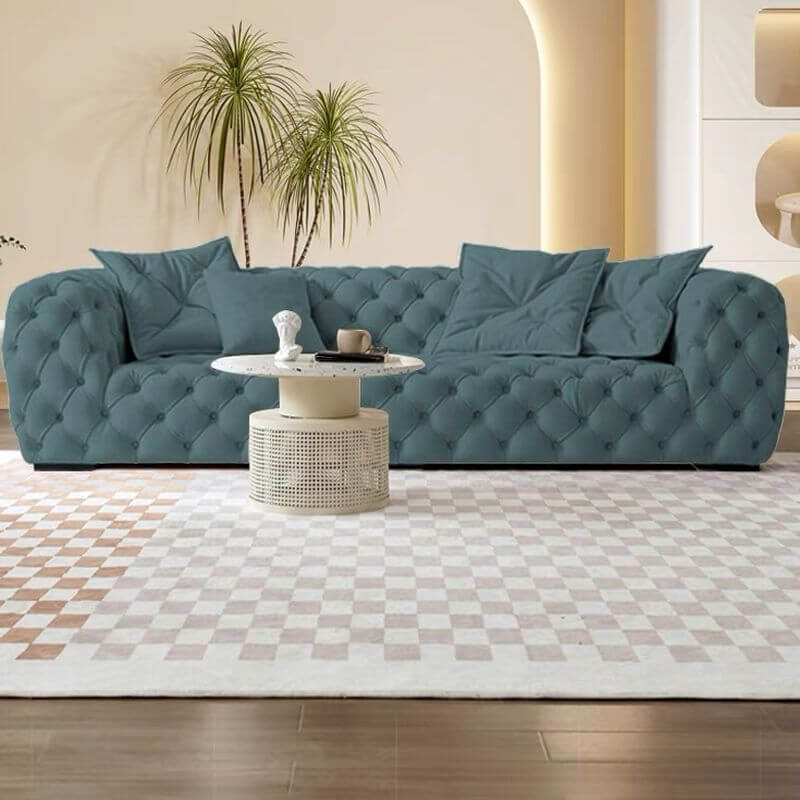 Light Blue, Olive Green, Off White Sofa Couch with 3 Pillows & Concealed Support - Modern Living Room Furniture for Small Spaces & Apartments
