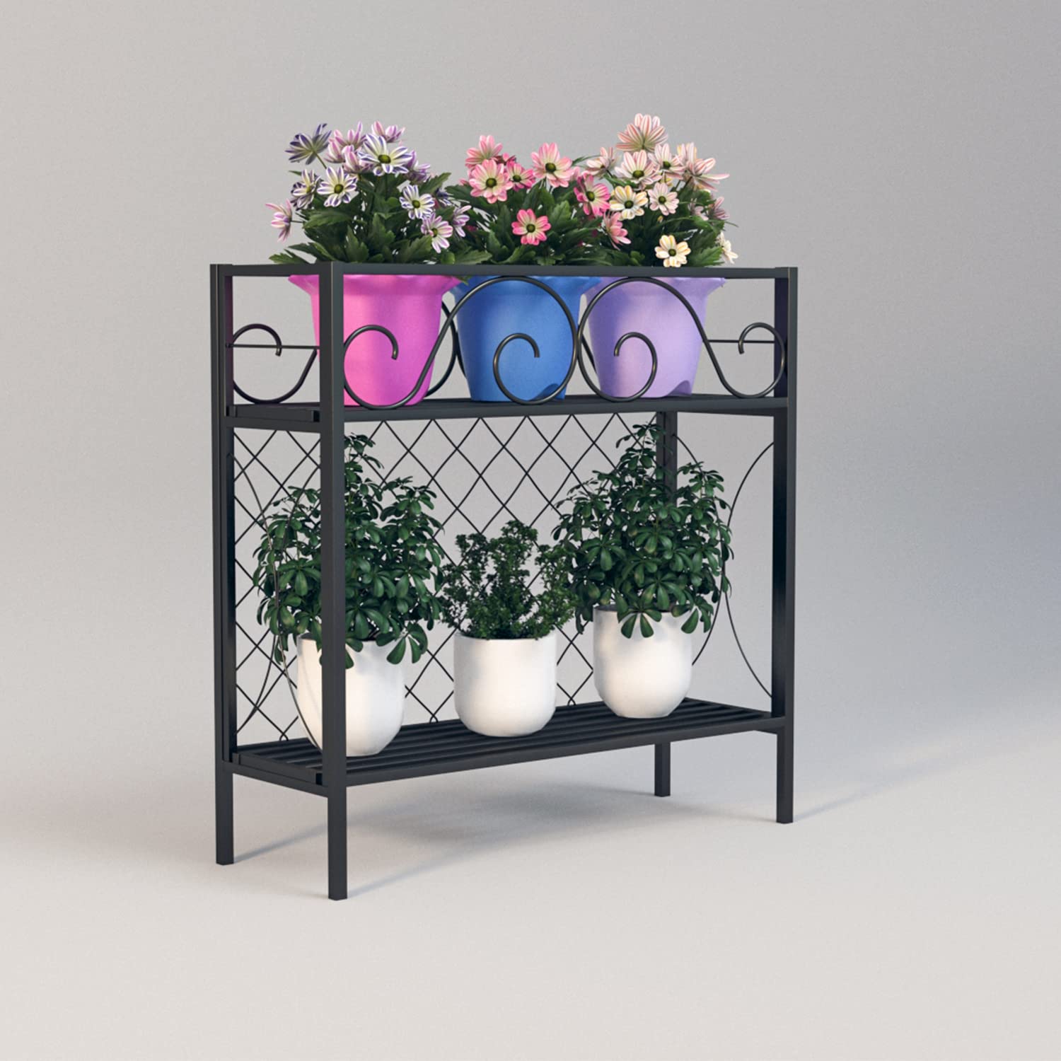 2 Tier Heavy Duty Metal Plant Stand - Indoor Outdoor Potted Plant Shelf with Privacy Railing Panels - Sturdy Planter for Small Spaces, Raised Garden Bed for Vegetables & Flowers - Perfect for Backyard, Patio, Balcony & Home Decor
