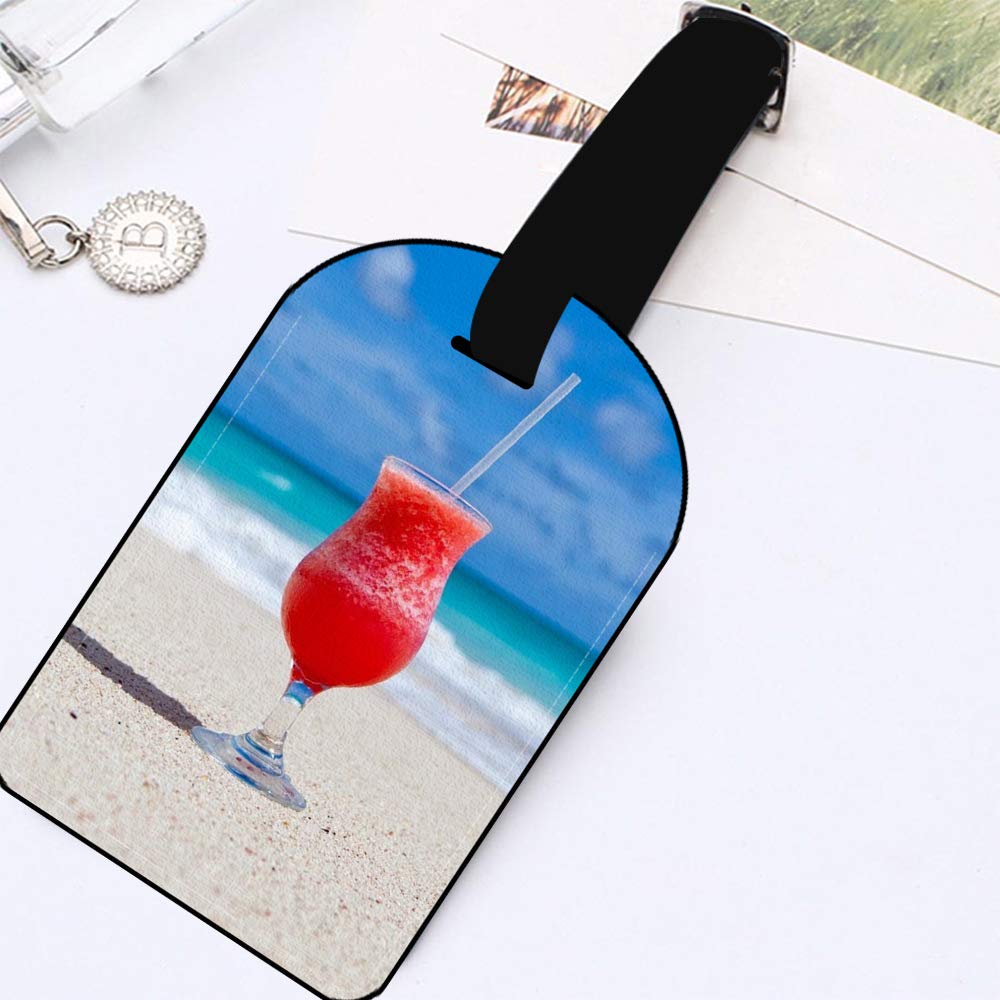 Caribbean Beach Cocktail Leather Luggage Tag - Tropical Drink Design Suitcase ID Label for Travel Bags (1 Pack) - Perfect for Vacation, Cruise & Beach Getaways