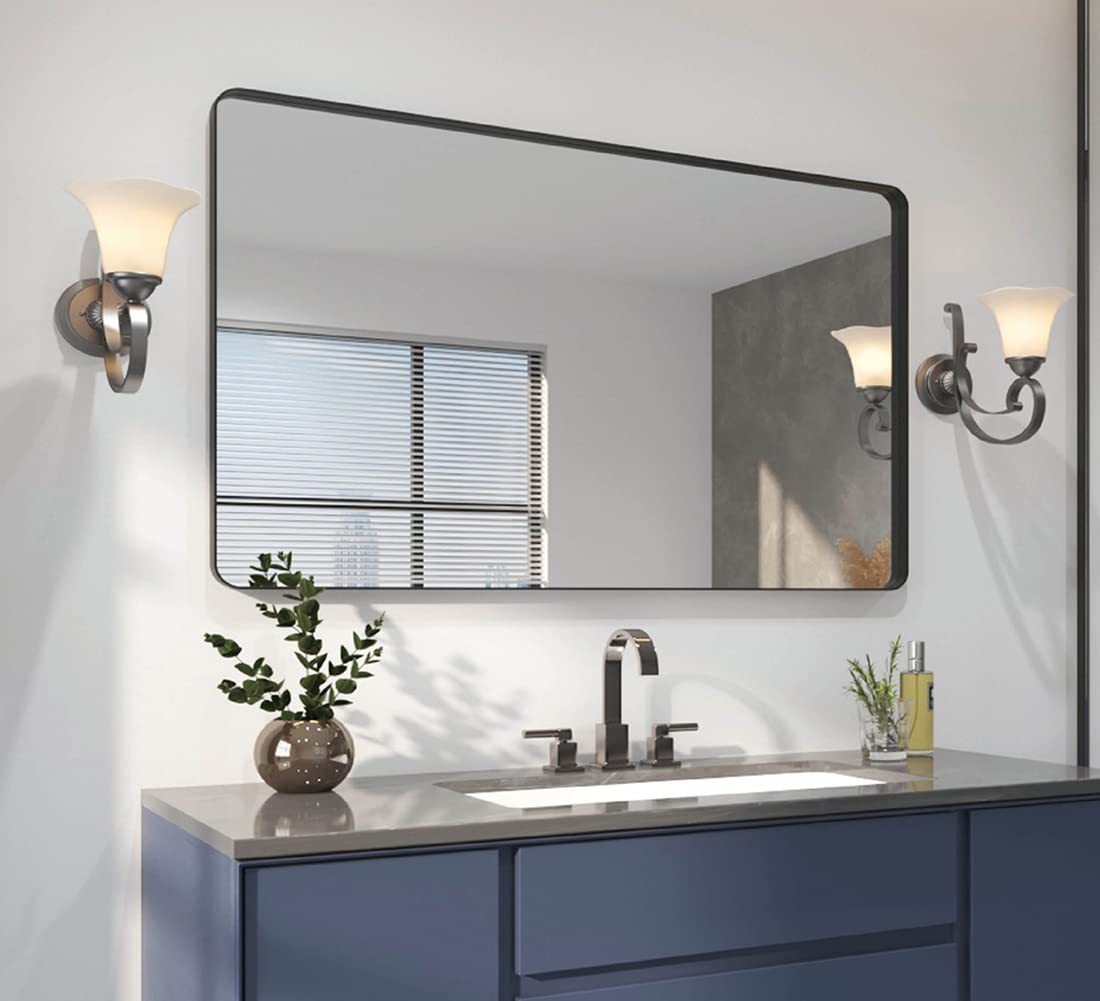 OKPAL 72x36 Inch Black Metal Framed Bathroom Mirror - Large Rectangle Full Length Wall Mirror with Rounded Corners (Horizontal/Vertical Mounting) - Perfect for Vanity, Dressing Room & Modern Home Decor