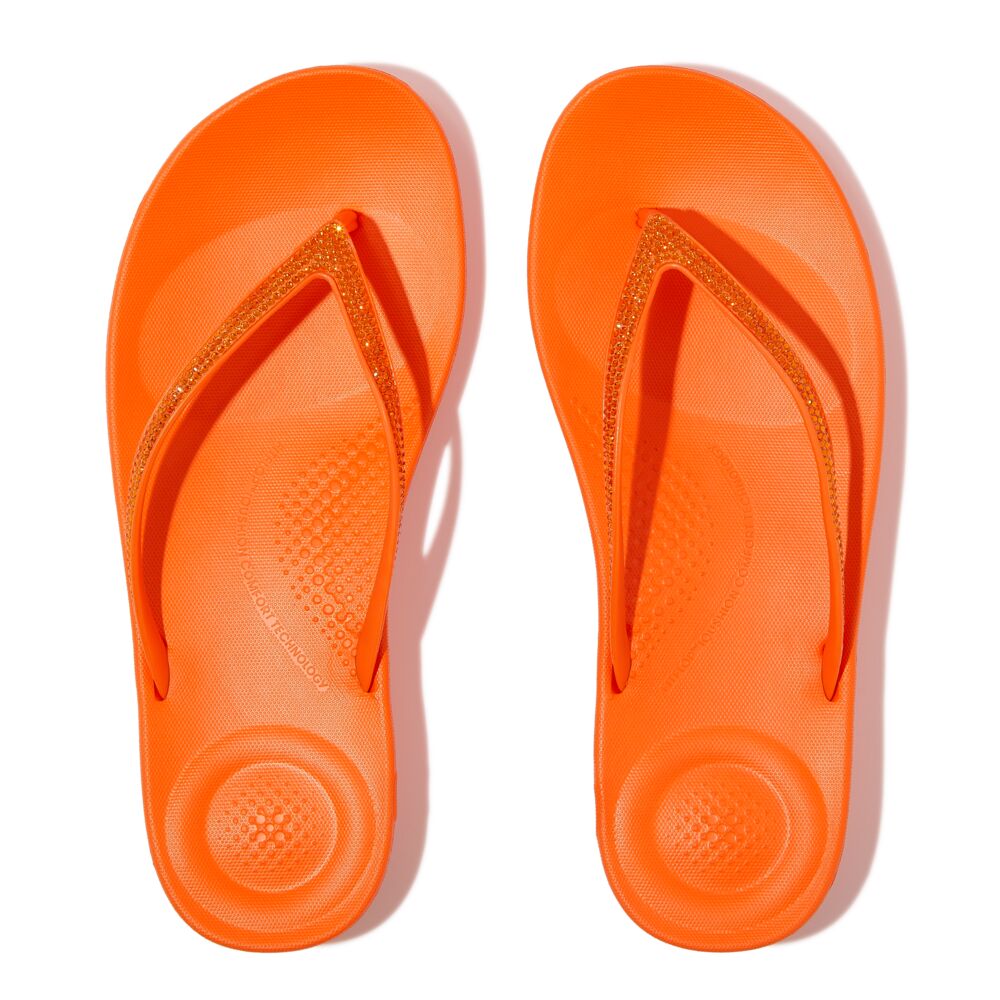FitFlop Iqushion Sparkle Flip Flops Sandals for Women - Comfortable Slip-On Beach Shoes with Cushioning Support | Perfect for Pool, Vacation & Summer Outfits (Pop Orange)