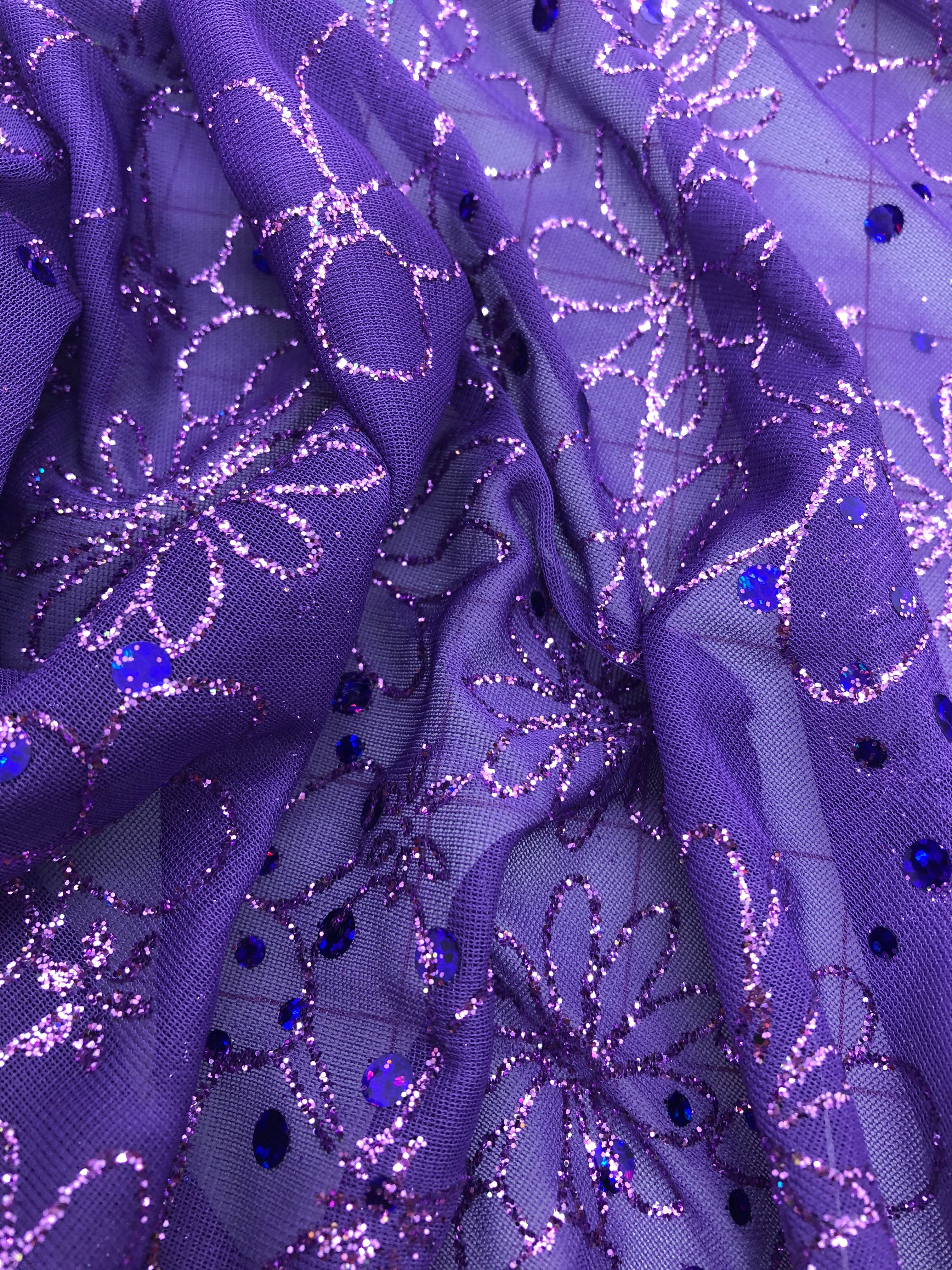 Elegant Purple Chiffon Fabric with Lace and Glitter Design - 60 Inches Wide for Wedding Dresses, Evening Gowns & DIY Costumes