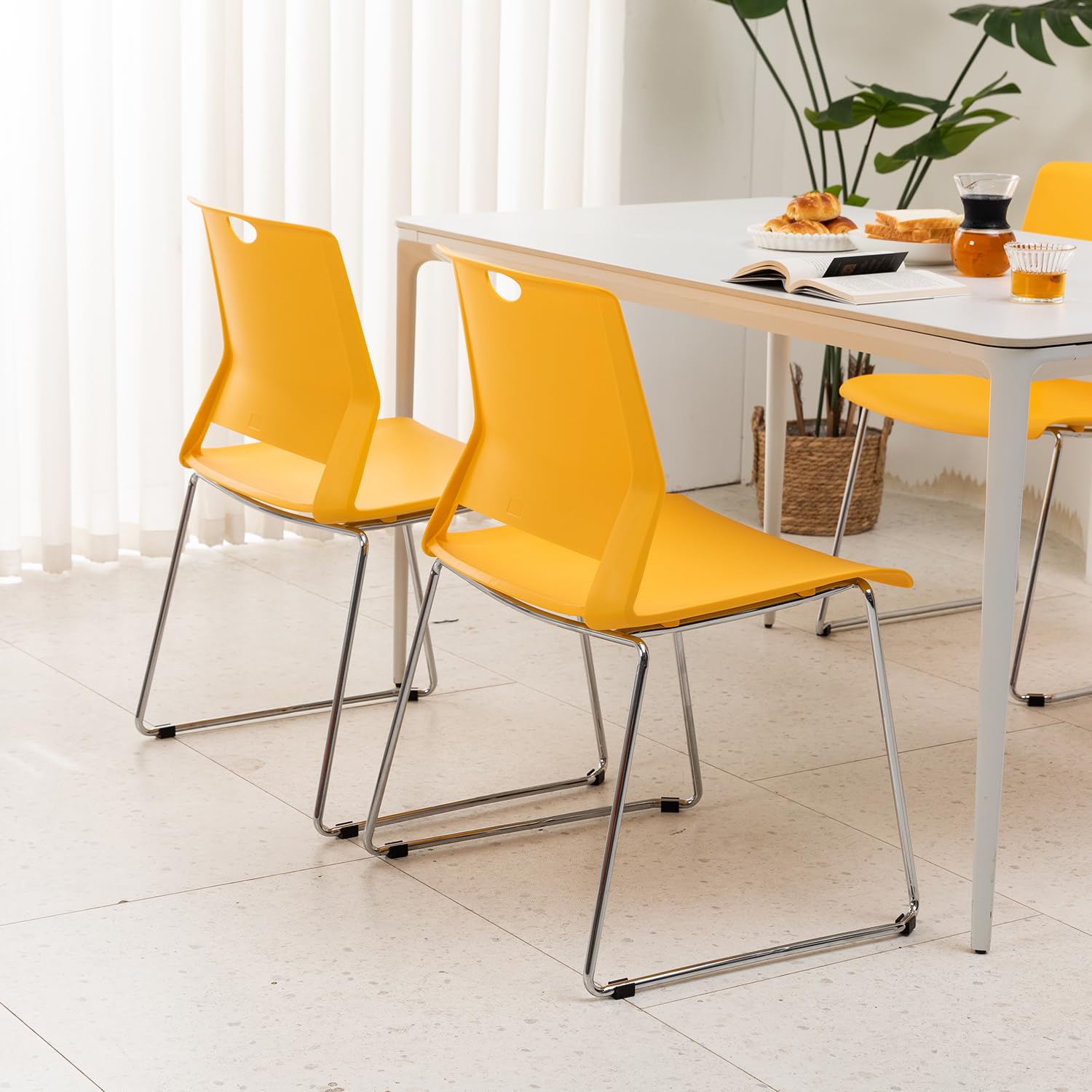 FULONG 4-Pack Stacking Chairs - Heavy Duty Stackable Metal Frame Waiting Room Chairs, Armless Reception Chairs for Office, School, Home, Restaurant (Yellow) - Perfect for Space-Saving Seating in Classrooms, Events & Compact Areas