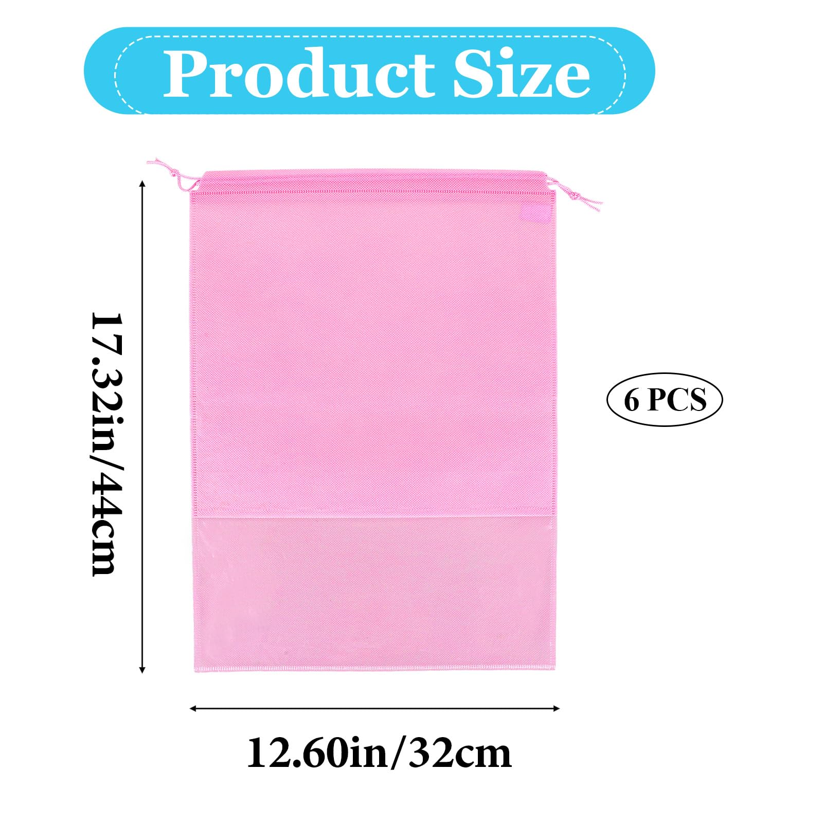 6Pcs Travel Shoe Bags - 17x12 Inch Waterproof Dustproof Drawstring Storage Pouches with Clear Window | Non-Woven Shoe Organizer for Women | Perfect for Gym, Dance, Travel & Sports Gear Storage