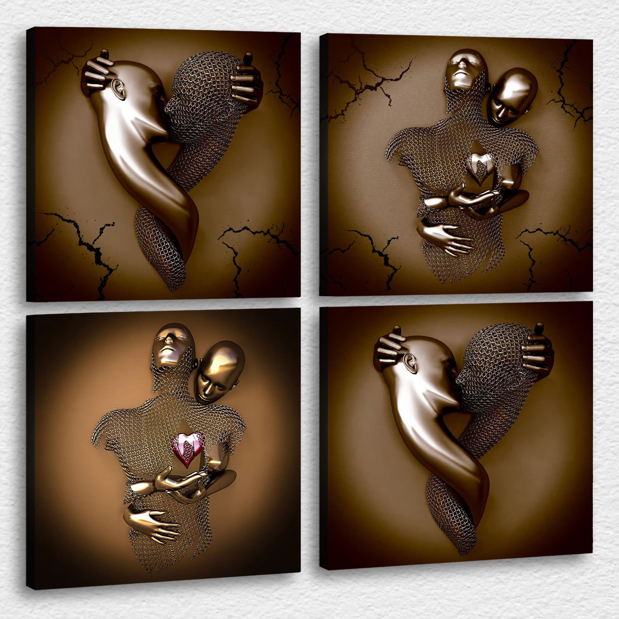 4 Piece Set 3D Canvas Wall Art - Love Heart Gray Modern Framed Painting, Hugging Couple & Kissing Design for Bedroom Decor (20