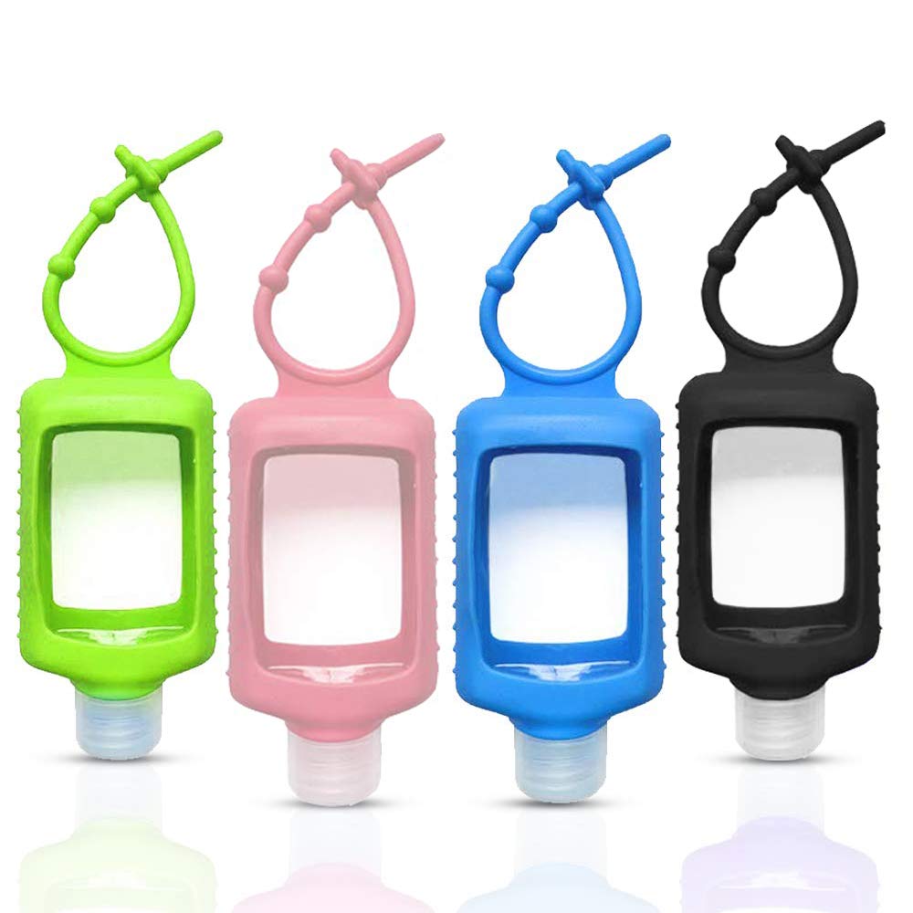 4 Pack 2oz Travel Size Clear Plastic Bottles with Silicone Sleeve - Refillable Leakproof Squeeze Containers with Flip Top Cap & Keychain - Perfect for Hand Sanitizer, Lotion, Shampoo - Ideal for Backpacking, Camping, Gym, and Air Travel (60ml/2oz)