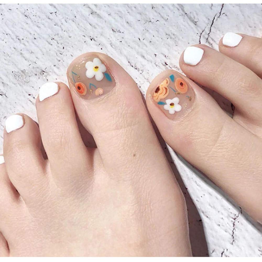 HUJL 24pcs Short White False Toe Nails with Cute Flower Design - Artificial Nail Tools for Foot Decoration & Full Manicure - Perfect for Pedicures, Nail Art, Salon Use and Home Manicure