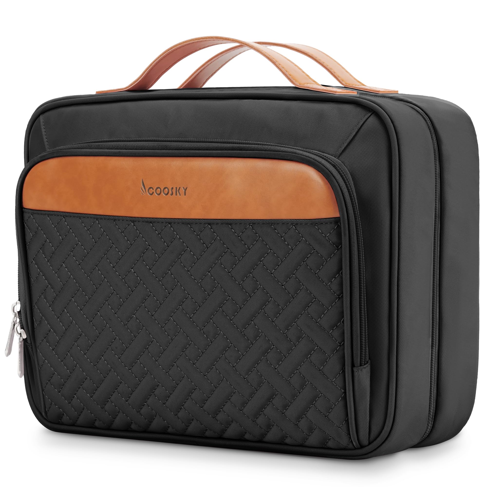 Waterproof Hanging Toiletry Bag for Women with Jewelry Organizer - Travel Cosmetic Essentials & Makeup Accessories Dopp Kit - Medium Size with Trolley Belt (Black) - Perfect for Airplane, Camping & Gym Trips