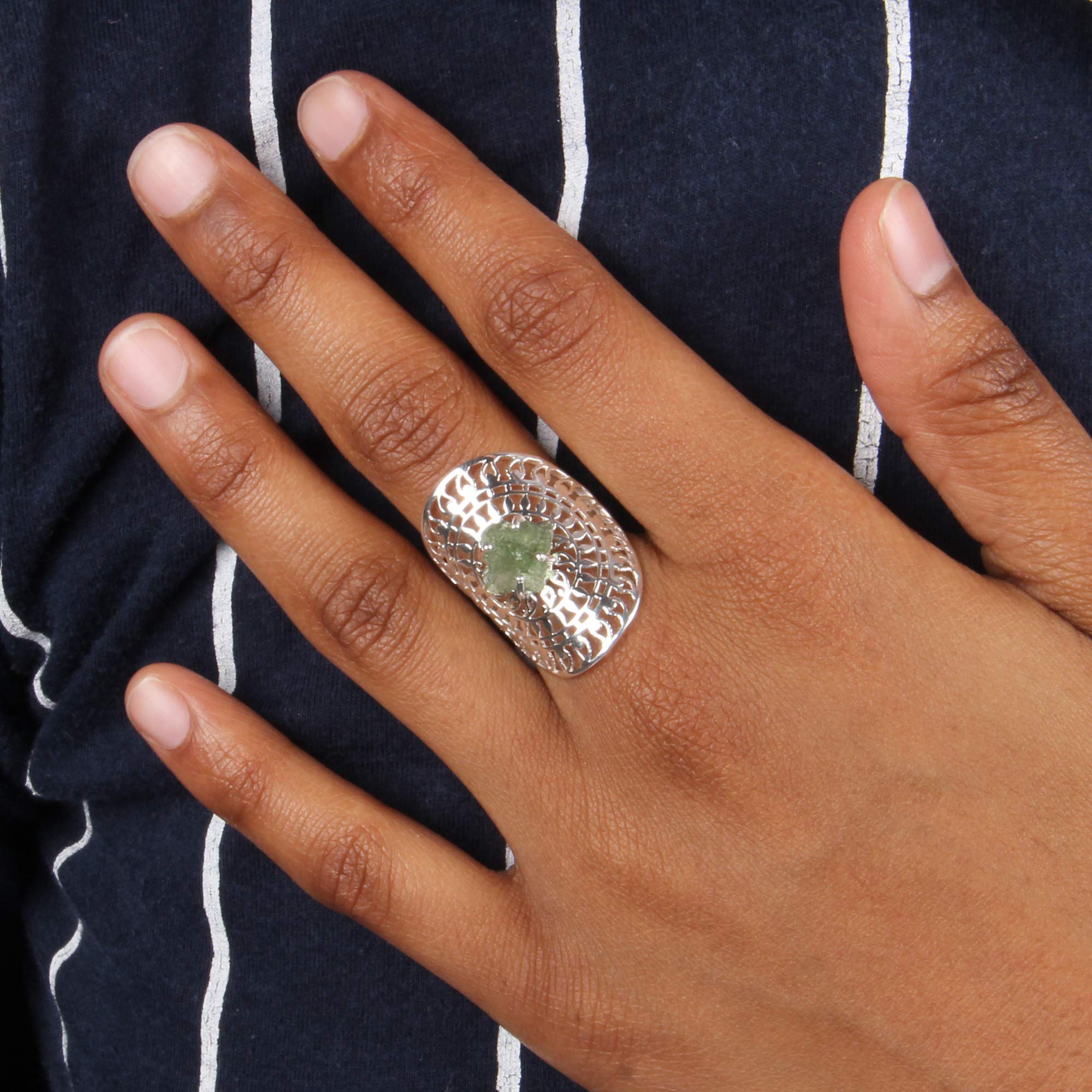 Genuine Raw Moldavite Ring - Natural Moldavite Gemstone & Sterling Silver Mandala Ring for Spiritual Healing & Meditation | Perfect for Energy Work, Chakra Balancing & Unique Jewelry Gifts