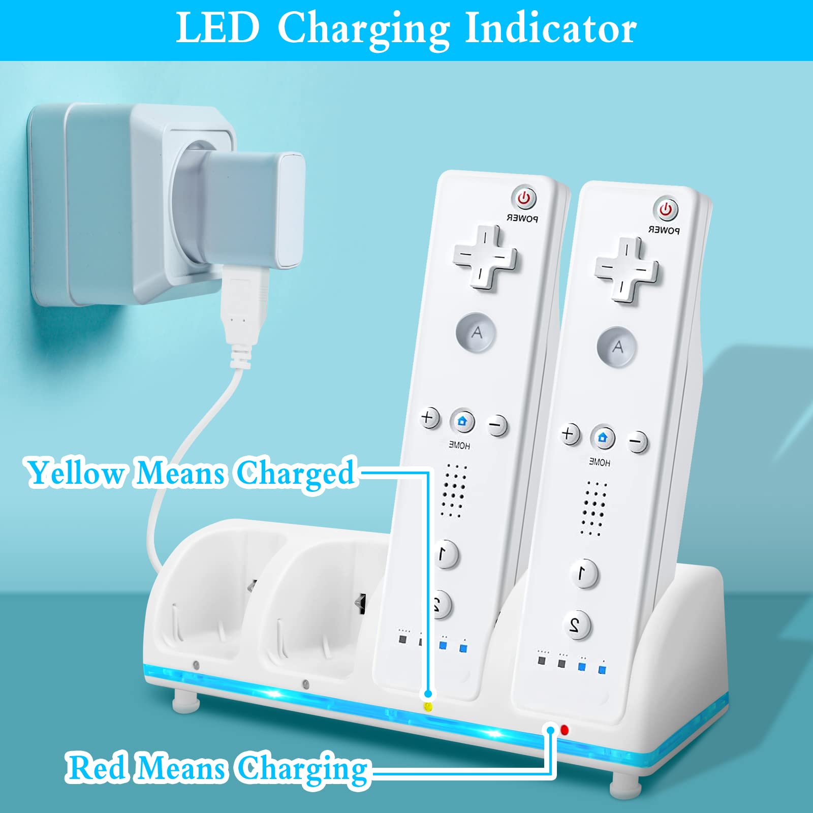 4-in-1 Wii Remote Charging Station with 4 Rechargeable Battery Packs & USB Cable - Compatible with Wii & Wii U Controllers (White) - Perfect for Gaming Nights & Family Entertainment