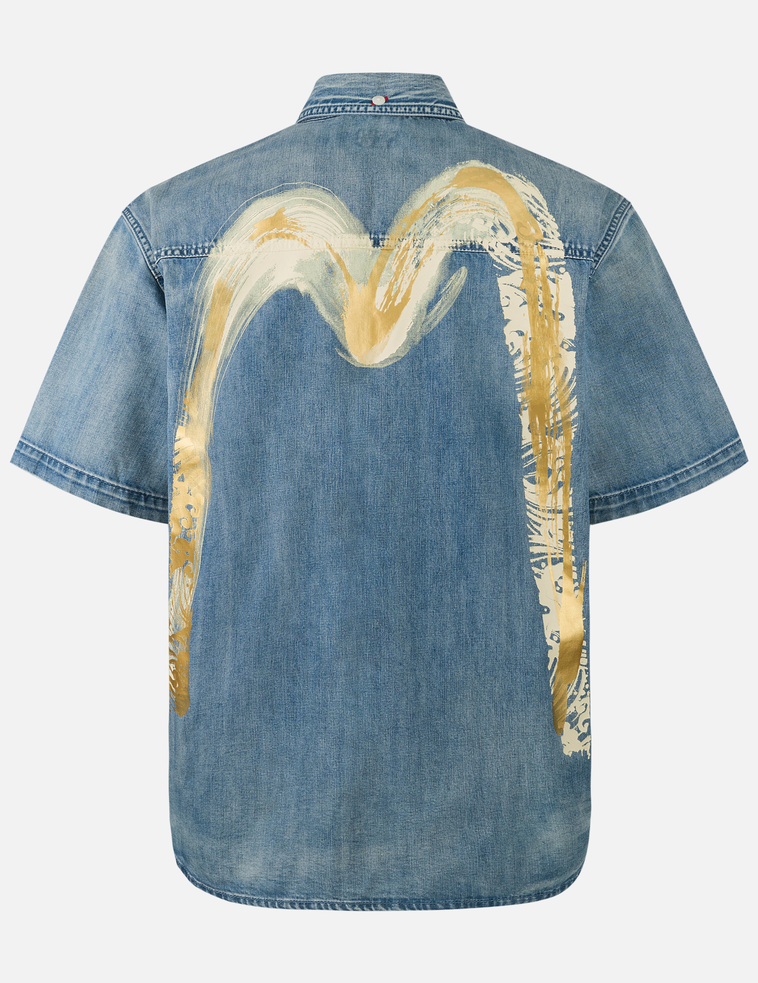 Stylish Daicock Print Denim Short Sleeve Shirt - Relaxed Fit Artistic Brush Design - Perfect for Casual Outings & Summer Fashion