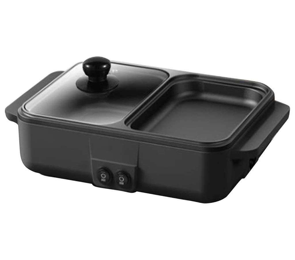 JIAX Indoor Electric Smokeless Grill with Glass Lid - Portable 2-in-1 Hot Pot & BBQ Grill with Removable Nonstick Griddle Plates, 110V/220V Household Appliance, Dishwasher Safe - Perfect for Family Gatherings, Indoor BBQs, and Small Kitchen Cooking