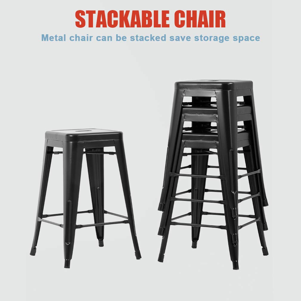 FDW Set of 4 24-Inch Metal Bar Stools - Modern Stackable Counter Height Stools for Kitchen, Bar & Dining - Indoor/Outdoor Use - Perfect for Patio, Restaurant & Home Decor