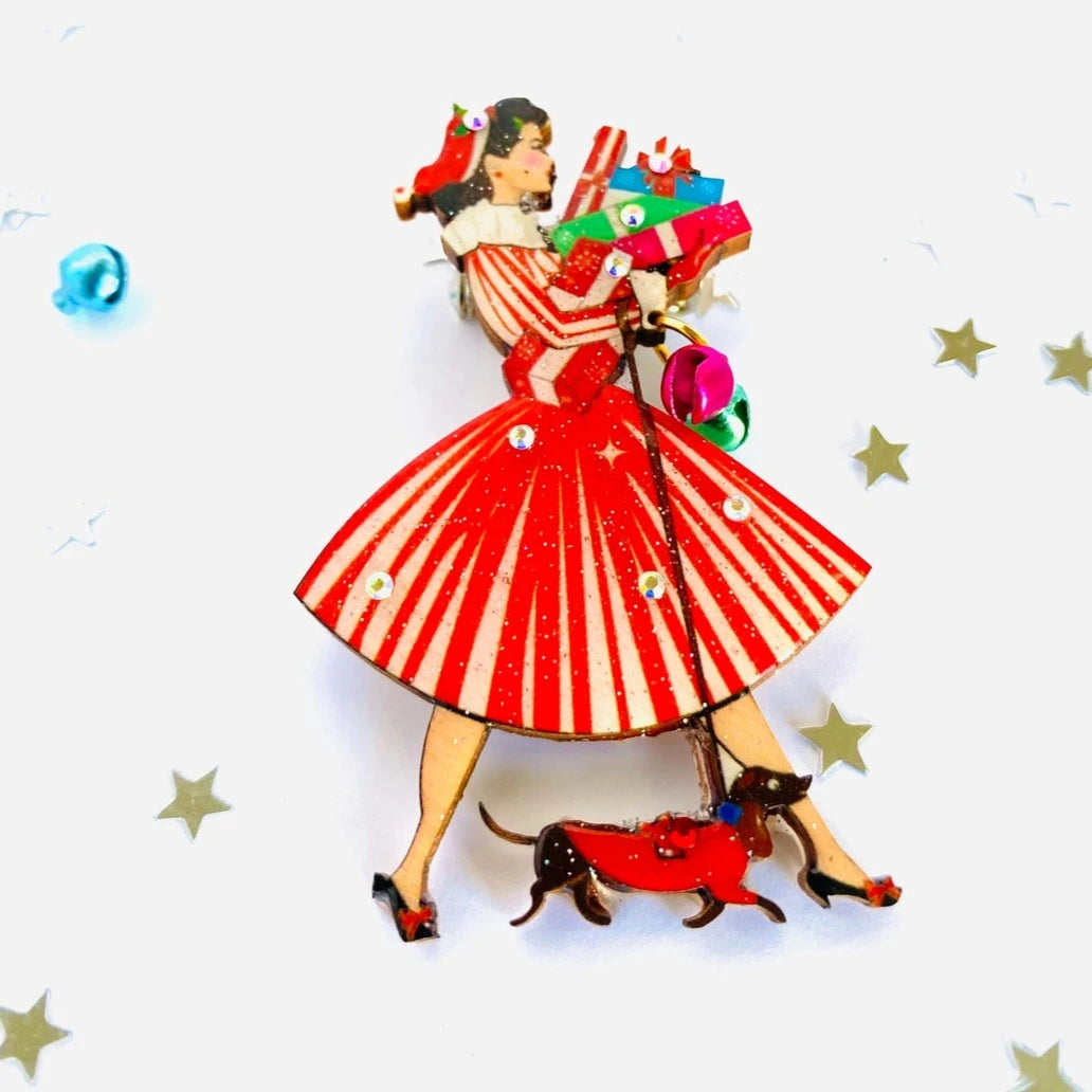 Vintage 1950s Christmas Lady Brooch by Rosie Rose Parker - Elegant Holiday Jewelry for Women, Perfect for Christmas Parties & Festive Outfits