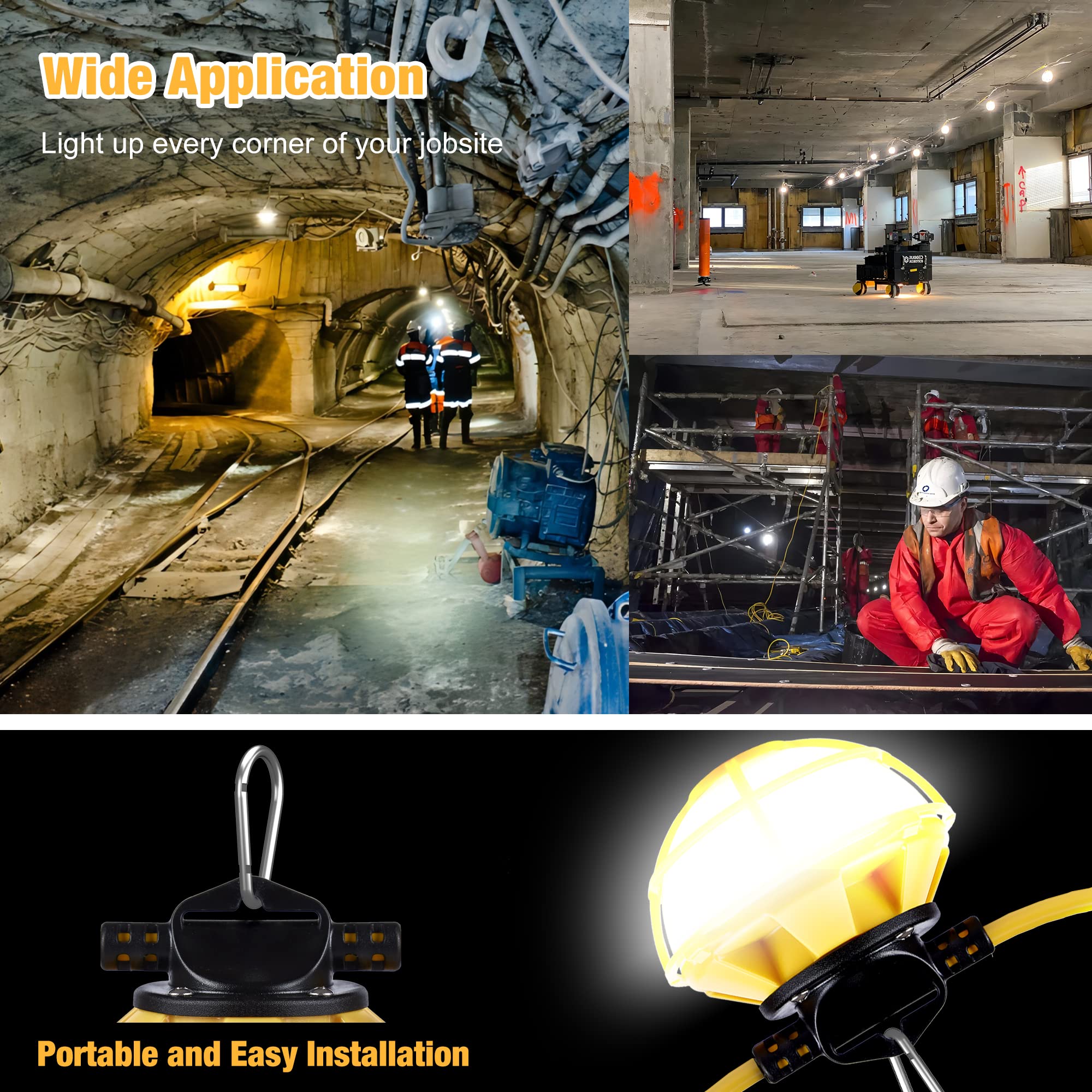 100FT LED Construction String Lights with Cage - IP65 Waterproof 5000K Daylight Work Lights - 18AWG Wire Linkable Temporary Lighting for Jobsite with 10 Bulbs & Hooks - Perfect for Construction Sites, Backyards, Patios and Outdoor Events
