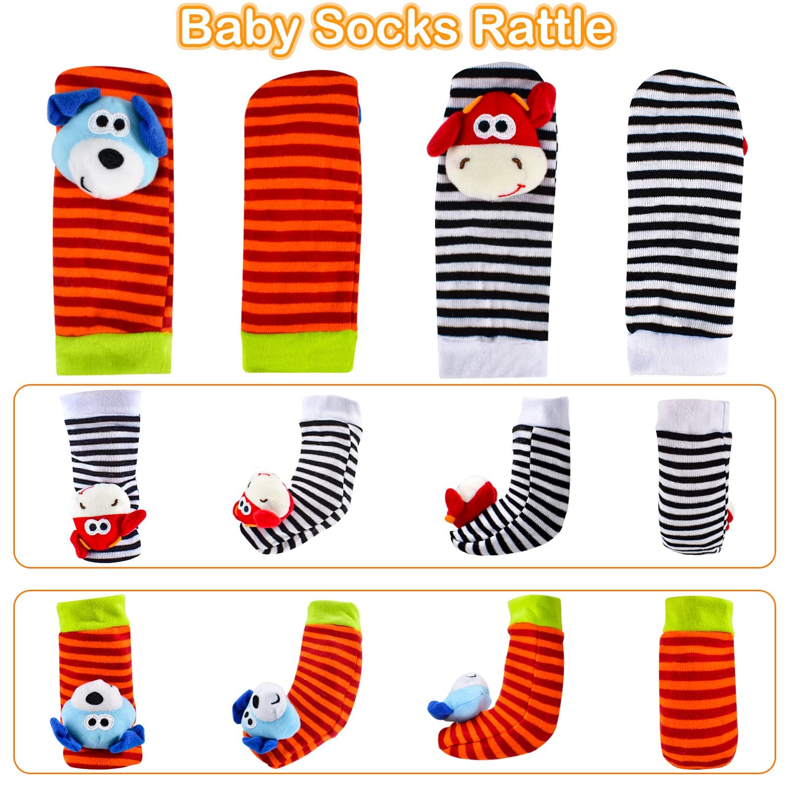 Best Baby Rattles 0-6 Months - Soft Wrist Rattles & Socks Set for Newborns - Montessori Sensory Toys for Infants (Cow & Dog Design) - Perfect for Tummy Time & Early Development