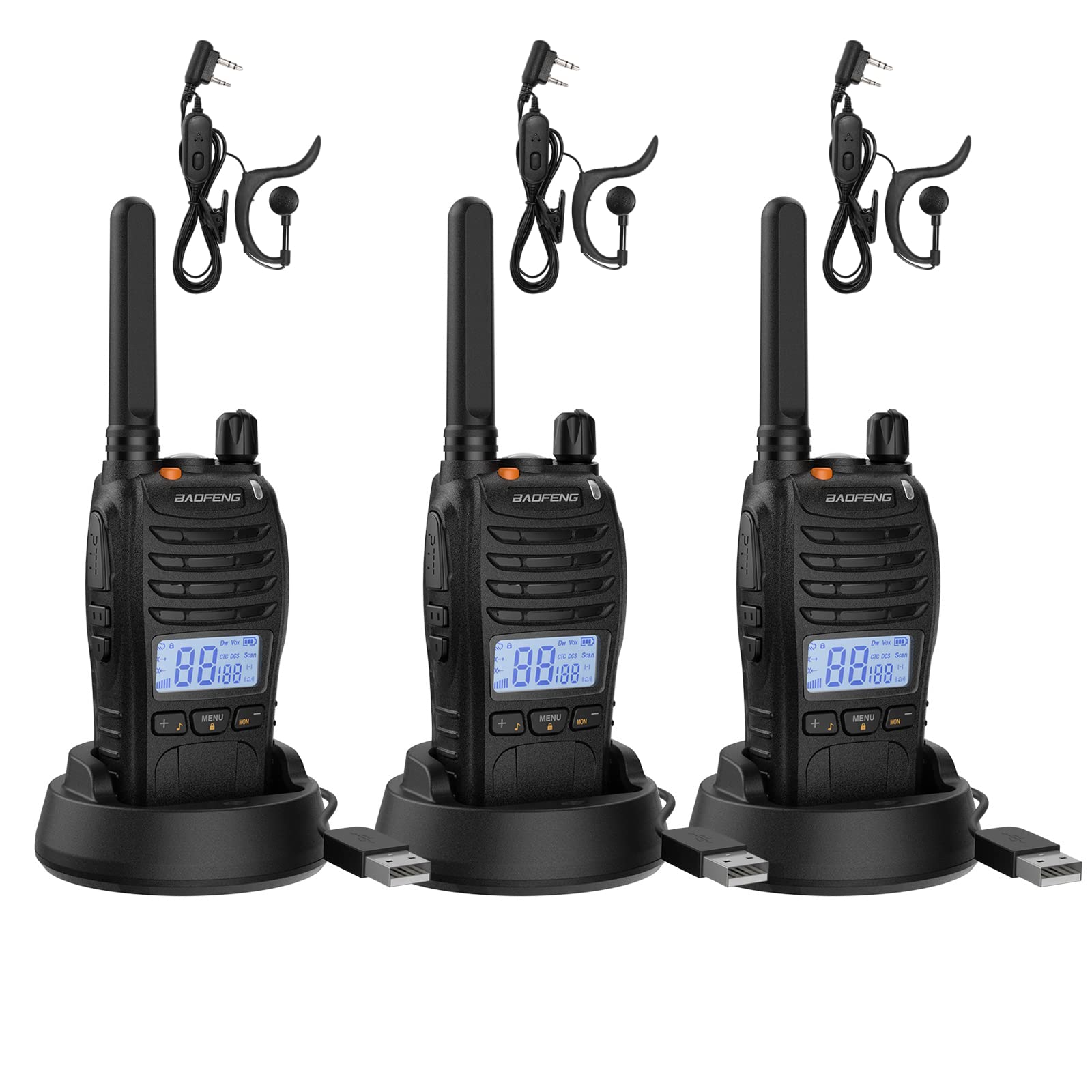 Baofeng BF-88ST Pro Walkie Talkies 3 Pack - Long Range Two Way Radios for Adults & Kids, Upgraded NOAA VOX Dual Watch with Desktop Charger & Earpieces (Black) - Perfect for Camping, Hiking, Outdoor Adventures and Emergency Communication