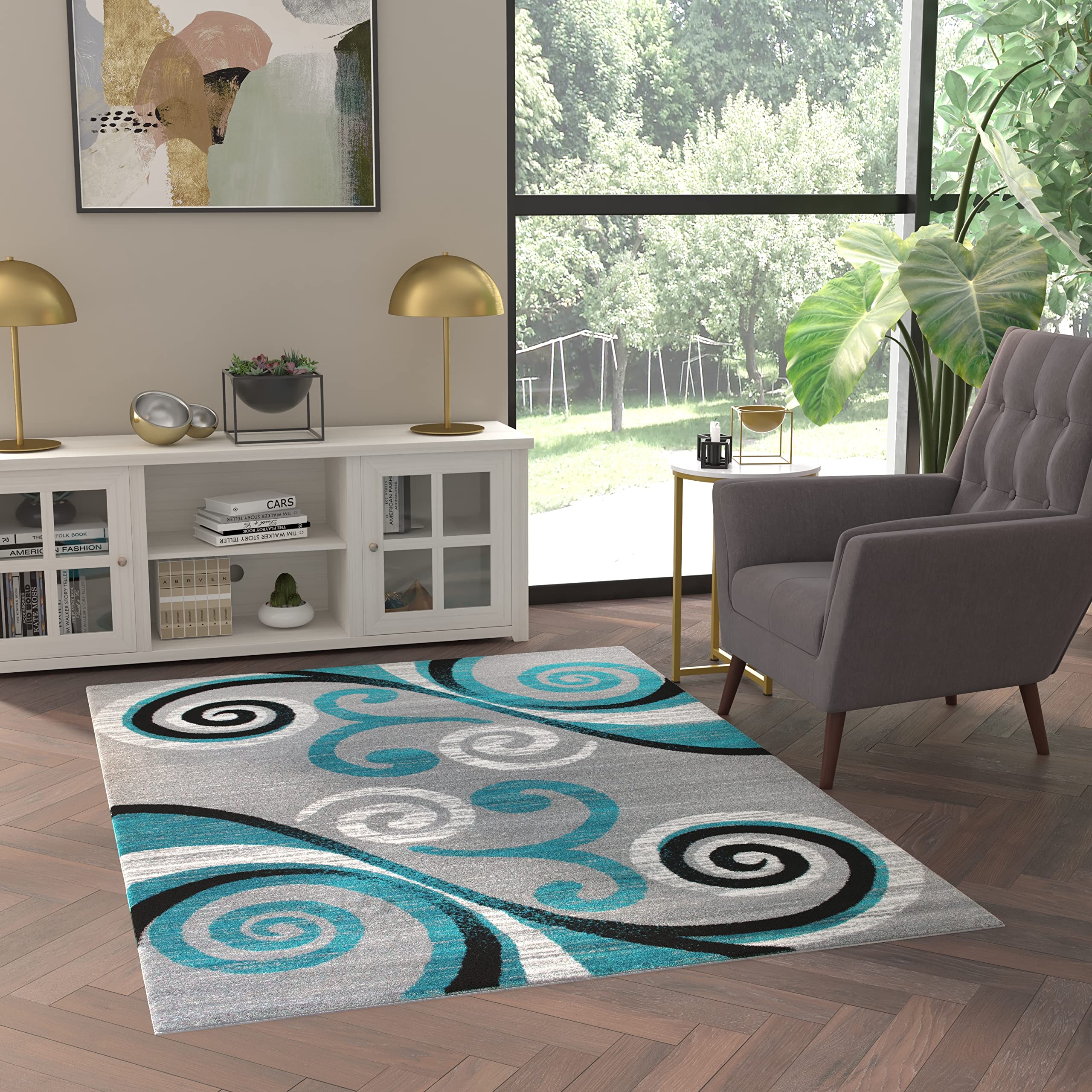 Emma & Oliver Helix 5x7 Ultra Soft Plush Olefin Area Rug - Turquoise Gray Black White Swirl Pattern, Scraped Look with Jute Backing - Perfect for Living Room, Bedroom or Nursery Decor