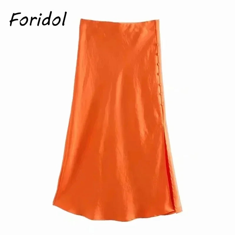 Foridol Women's High Waist Button Slit Midi Satin Skirt - Elegant A-Line Silk Skirt for Office & Autumn Wear | Perfect for Work, Date Night & Special Occasions