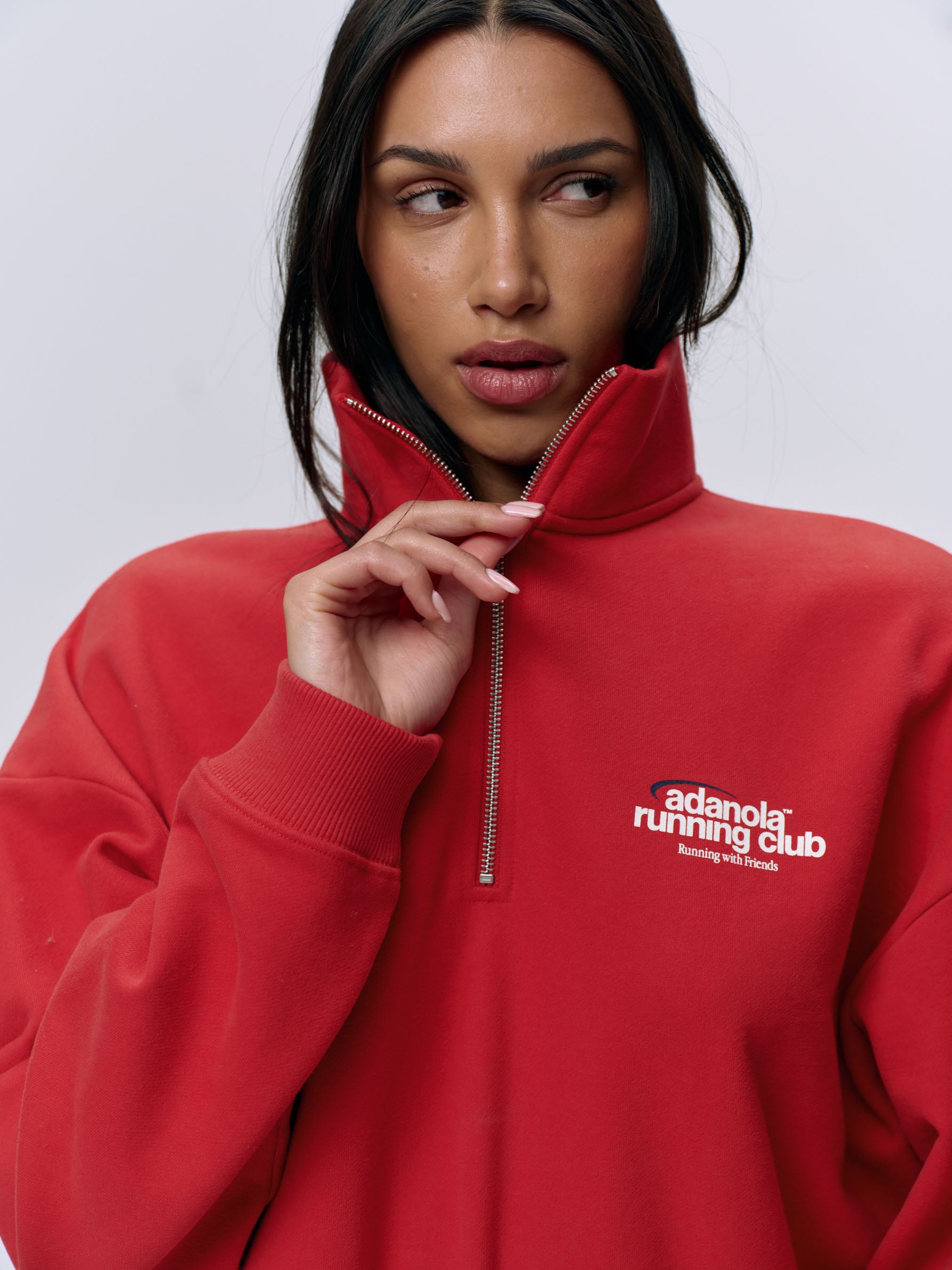 Adanola Women's Running Oversized Funnel Neck Zip-Up Sweatshirt - Classic Red | Athletic Hoodie for Jogging, Gym & Casual Wear