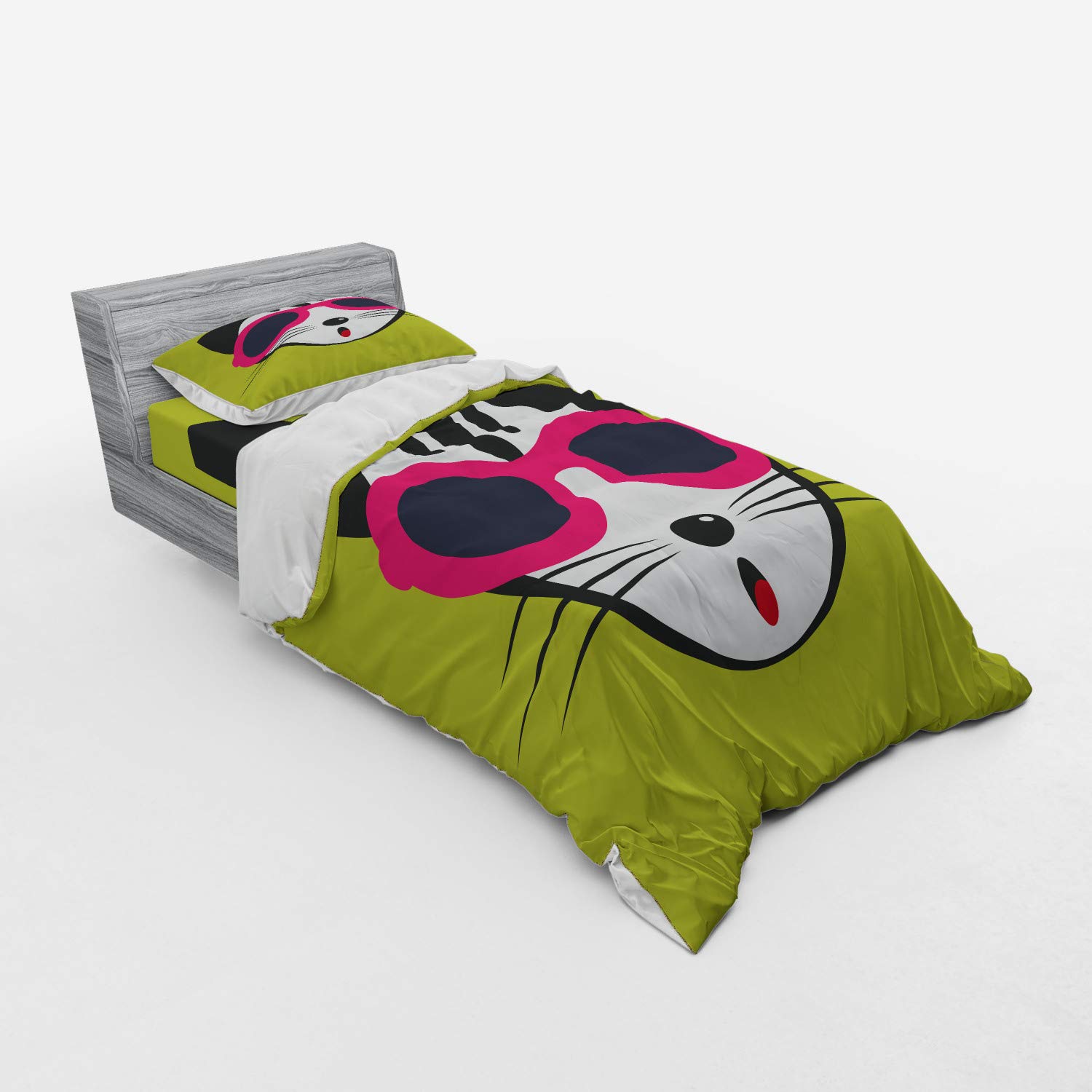 Ambesonne Modern Cat Duvet Cover Set - 3 Piece Twin Size with Kitten in Pink Sunglasses Design, Fun Hipster Pet Art Bedding (Fitted Sheet + Sham) - Perfect for Teen Rooms, Cat Lover Gifts & Unique Home Decor