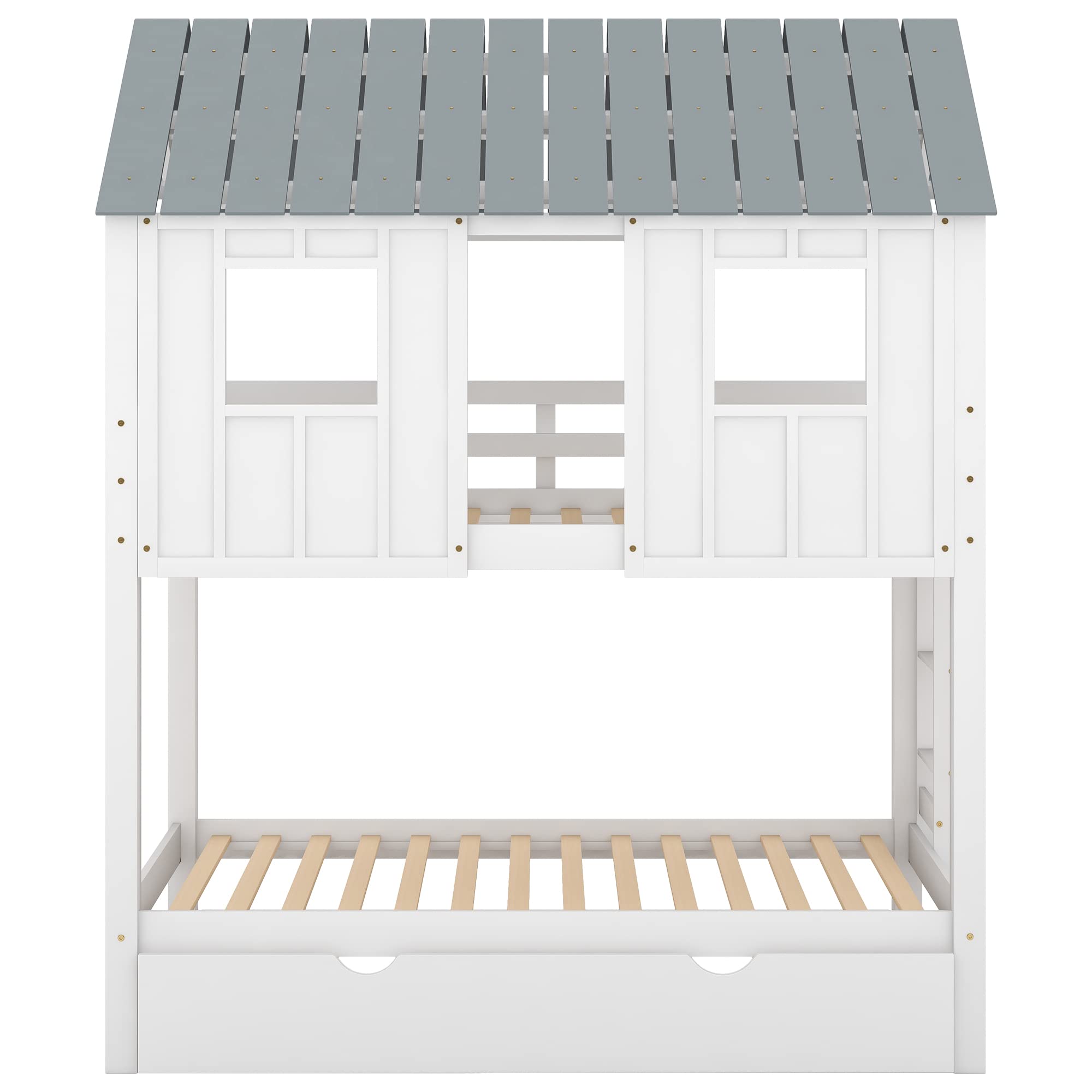 P PURLOVE Twin Over Twin Wooden Bunk Bed Frame with Roof, Window & Guardrail - House Style Bunk Bed with Trundle & Ladder for Kids, Teens, Boys & Girls - Perfect for Small Bedrooms, Shared Kids Rooms & Vacation Homes (White)