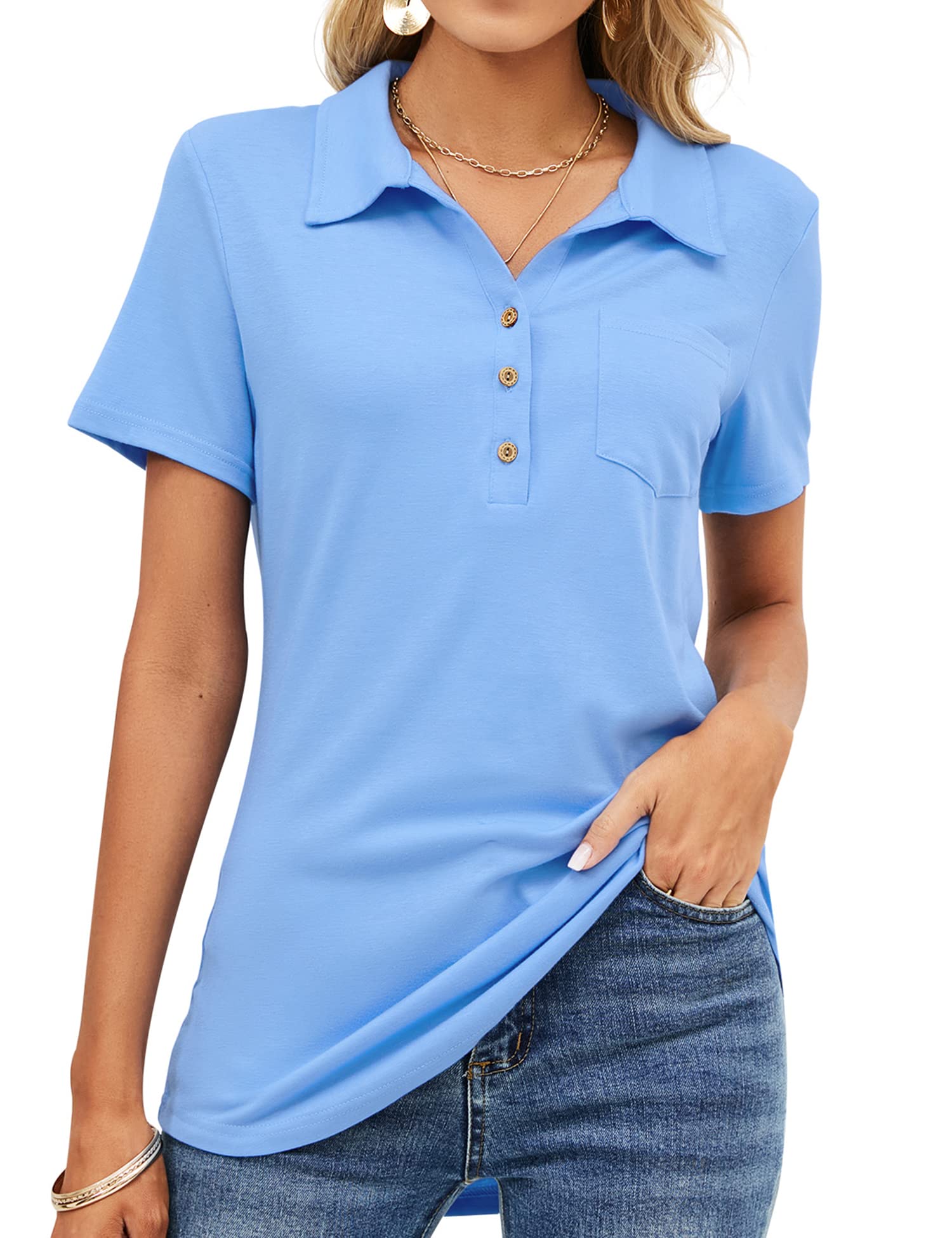 TFSDOD Women's Short Sleeve Polo Shirt - V Neck Business Casual Button Down Tunic Top with Pocket for Office Work & Professional Wear | Perfect for Business Meetings, Office Outfits & Smart Casual Occasions