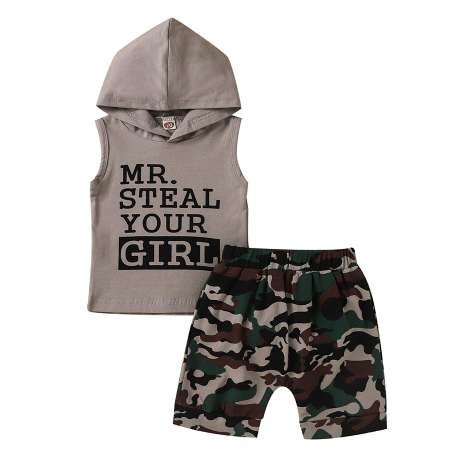 Chyrbaby Toddler Baby Boy Clothes Set - Letter Print Hoodie & Camo Shorts | Summer Outfits for Playdates, Park Adventures & Casual Wear