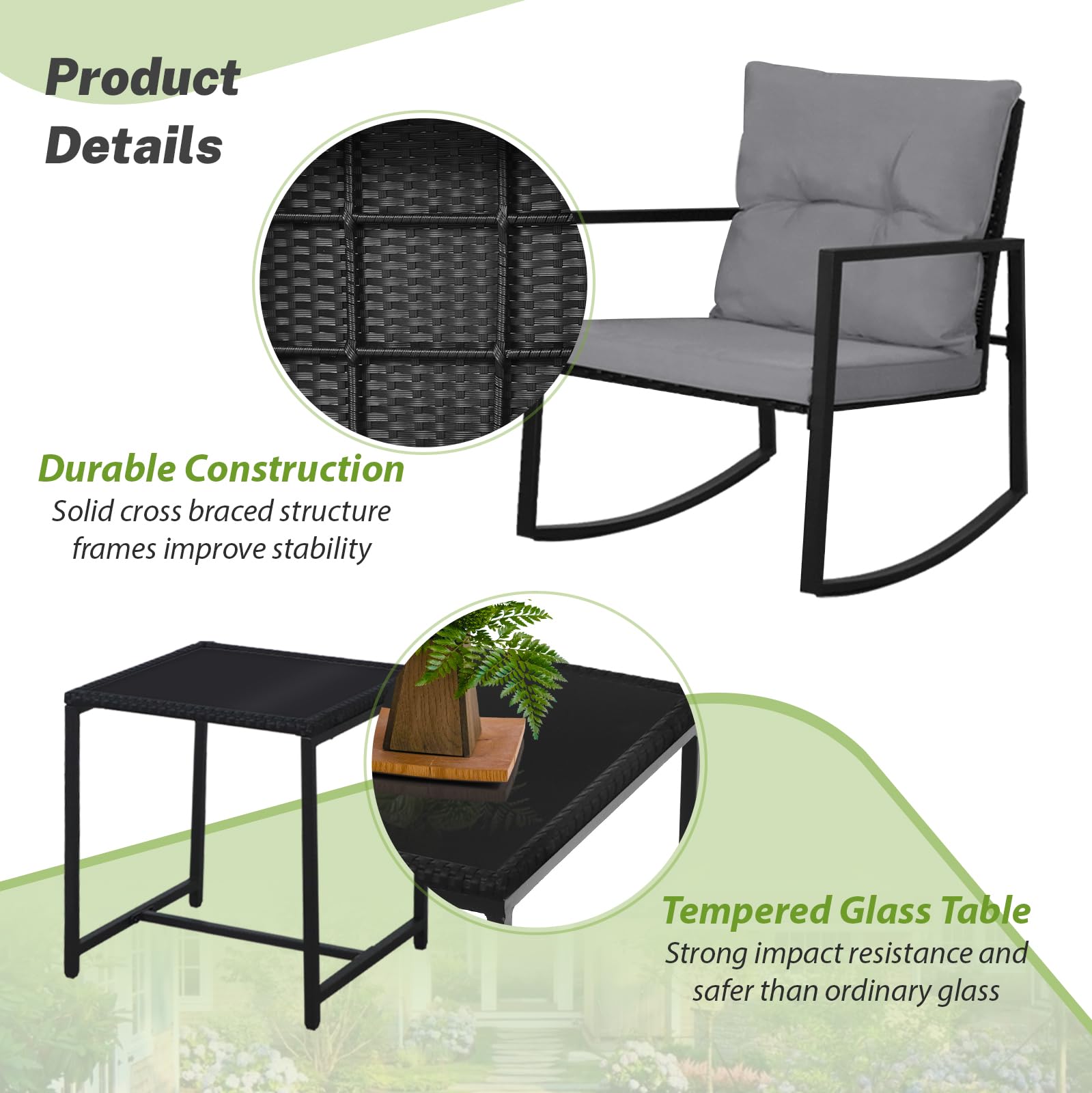 SUNCROWN 3-Piece Outdoor Rocking Bistro Set - Black Wicker Patio Furniture with Glass Coffee Table, Dark Grey - Perfect for Porch, Garden, and Backyard Relaxation