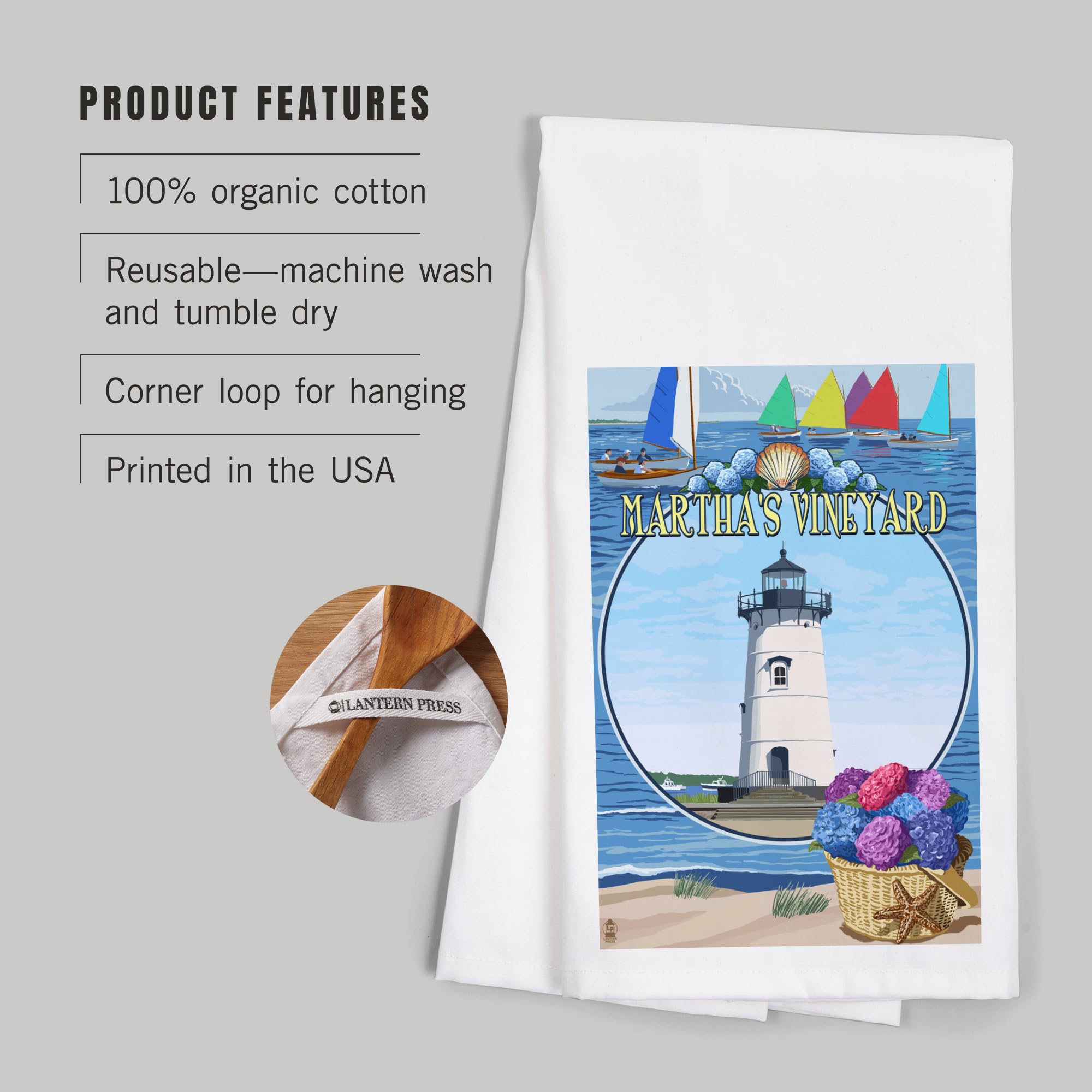 Lantern Press Martha's Vineyard Cotton Tea Towel - 100% Cotton Decorative Hand Towel for Kitchen & Home - Perfect for Drying Dishes, Gift Giving, and Farmhouse Decor