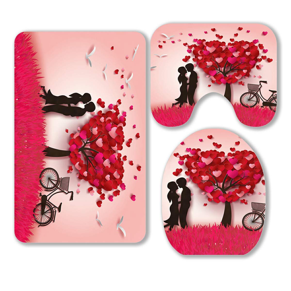 Valentine's Day Love Tree 3-Piece Bathroom Rug Set - Non-Slip Bath Mat, Contour Mat & Toilet Lid Cover for Spring Decor | Soft Microfiber Bathroom Accessories for Romantic Home, Guest Bath & Wedding Gift