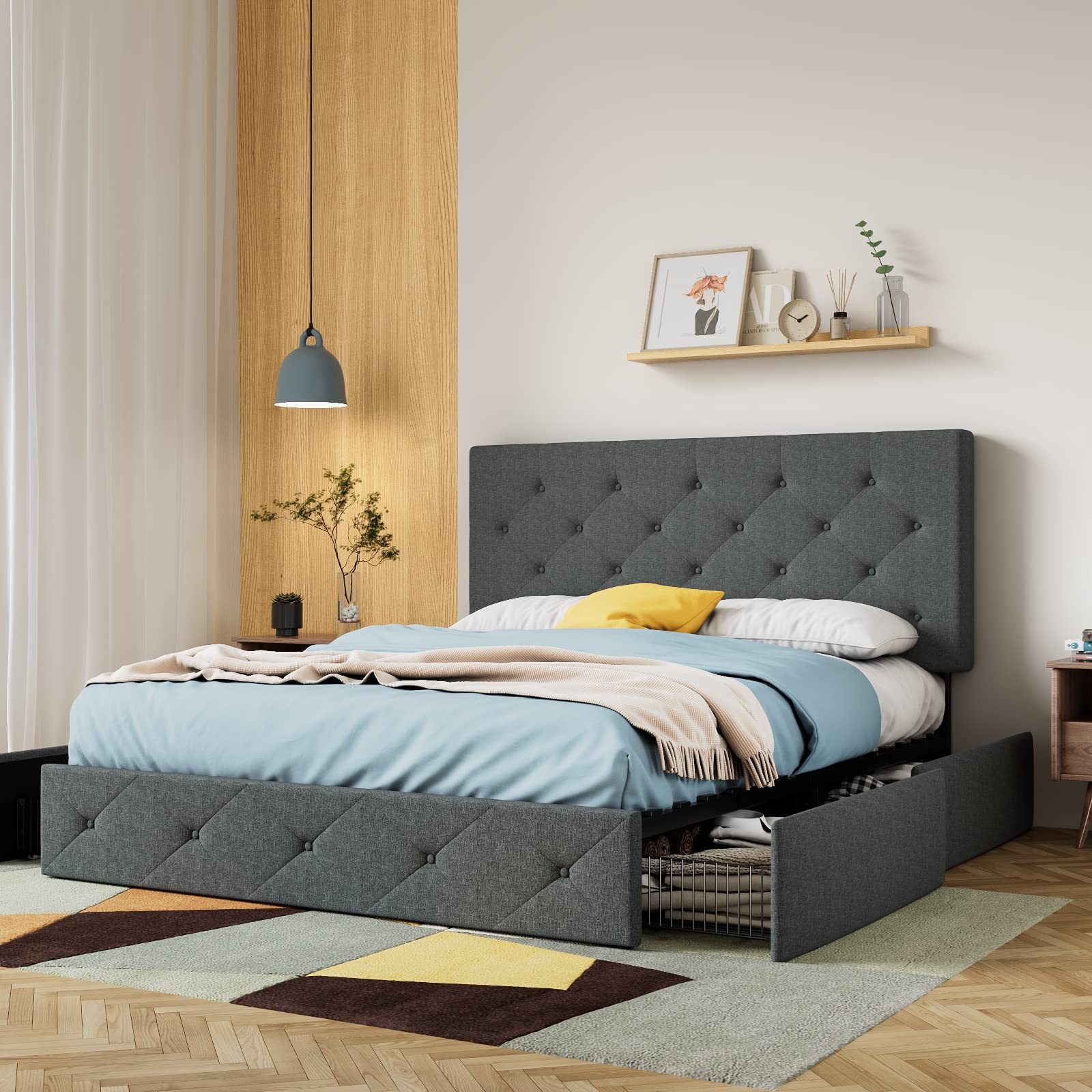 SHA CERLIN Upholstered Queen Size Platform Bed Frame with 4 Storage Drawers - Adjustable Diamond Tufted Headboard, Wooden Slat Support, No Box Spring Needed - Dark Grey Modern Bedroom Furniture for Small Space Storage Solutions