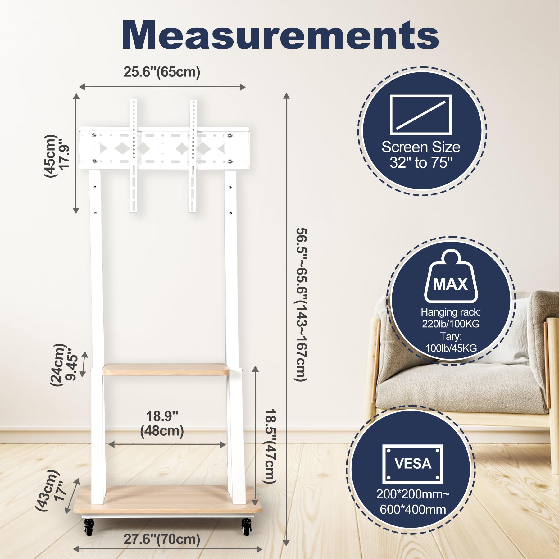 Adjustable Rolling TV Stand for 32-75 Inch Flat/Curved Screens - Heavy-Duty Mobile TV Cart with Wheels & Wood Shelf, Supports LCD/LED/OLED TVs up to 100lbs (White) - Perfect for Living Room, Bedroom, or Office Entertainment Setup