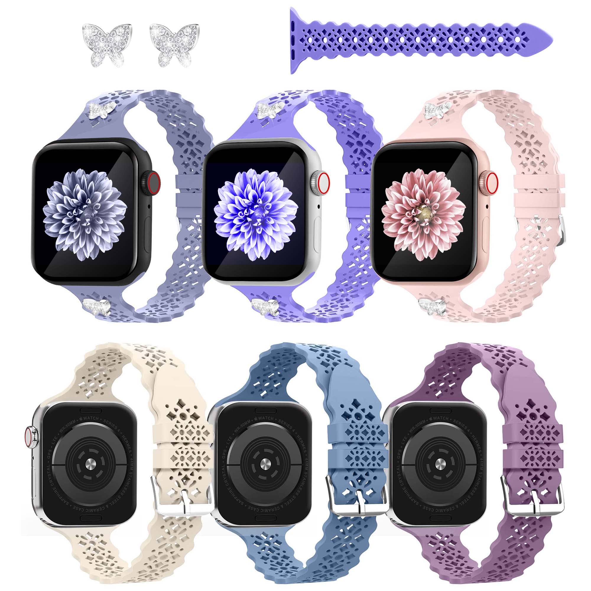 Compatible with Apple Watch Bands for Women 38mm 40mm 41mm 42mm 44mm 45mm - Lace Silicone Watch Strap Slim Thin Hollow-Out Design for iWatch Series Ultra/8/7/6/5/4/3/2/1/SE - Perfect for Workouts, Daily Wear & Fashion Accessories