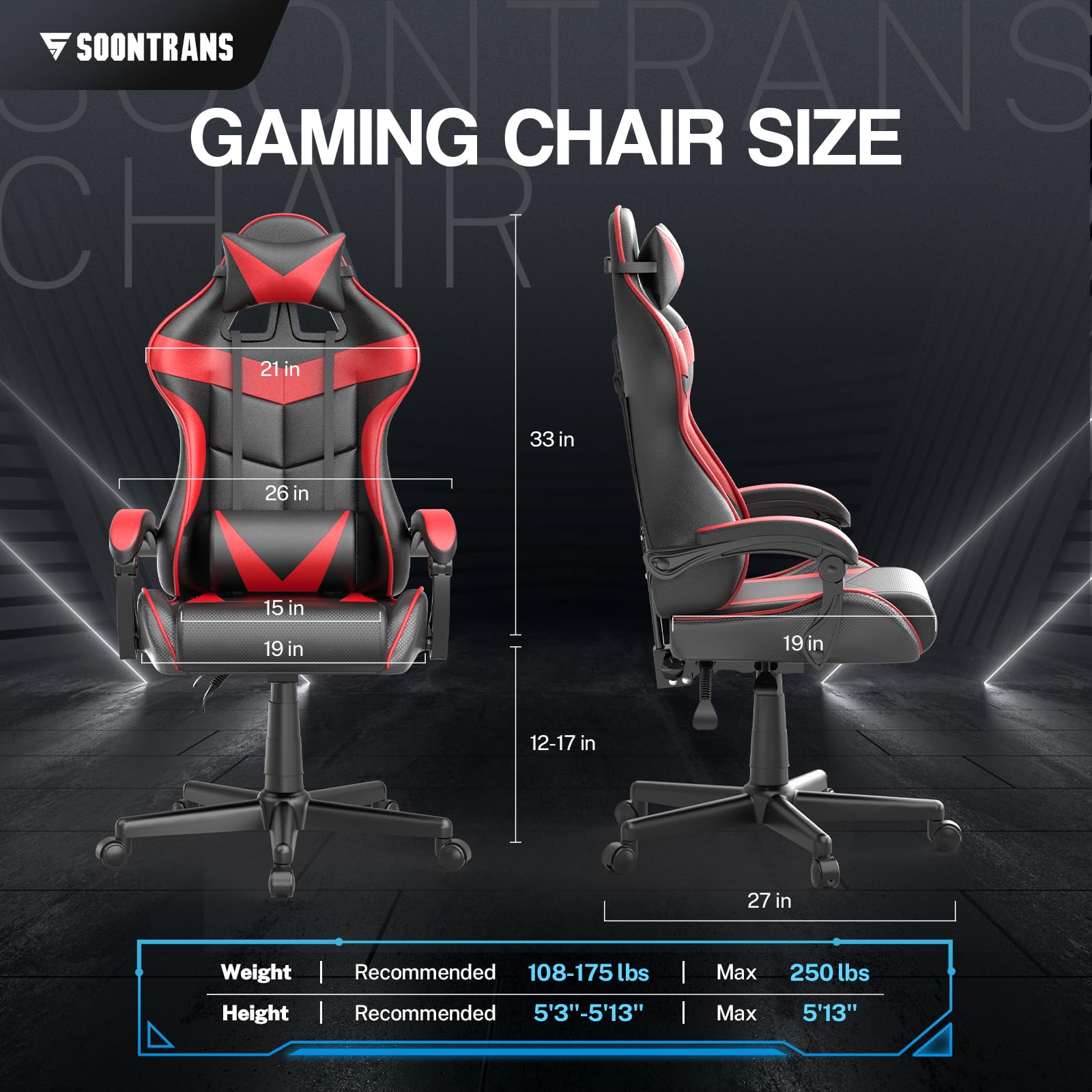 Soontrans Ergonomic Gaming Chair with Massage Lumbar Support & Headrest - Adjustable Height High-Back Computer Desk Chair with Linkage Armrests (Ruby Red) - Perfect for Esports, Streaming & Home Office Setup