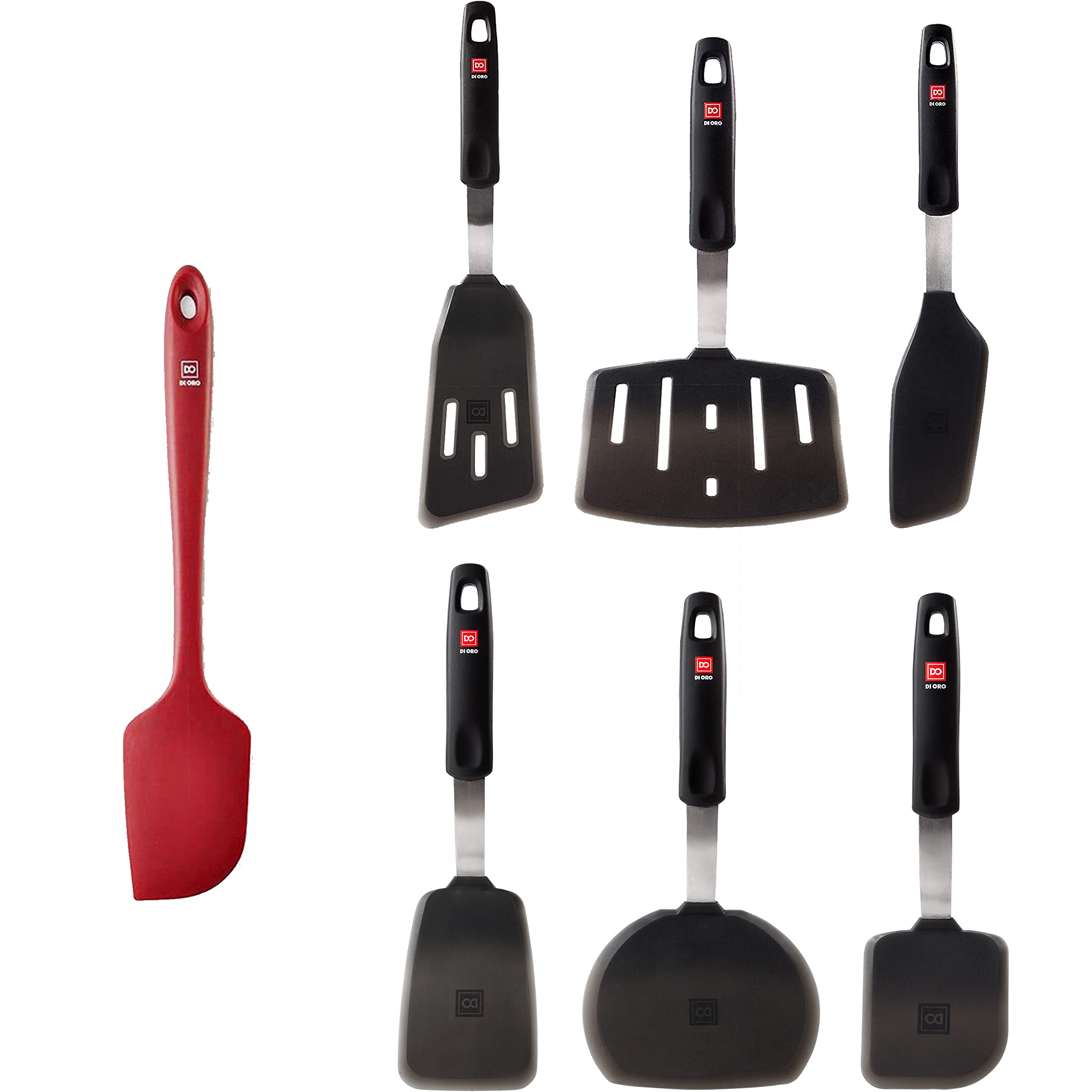 DI ORO 7-Piece Silicone Kitchen Utensil Set - 600°F Heat-Resistant Cooking Tools with 6 Turner Flippers & 1 Seamless Spatula - Food Grade Non-Stick Baking & Frying Utensils - Dishwasher Safe & Easy to Clean (Black) - Perfect for Grilling, Sauteing, Pancakes & Stir-Frying