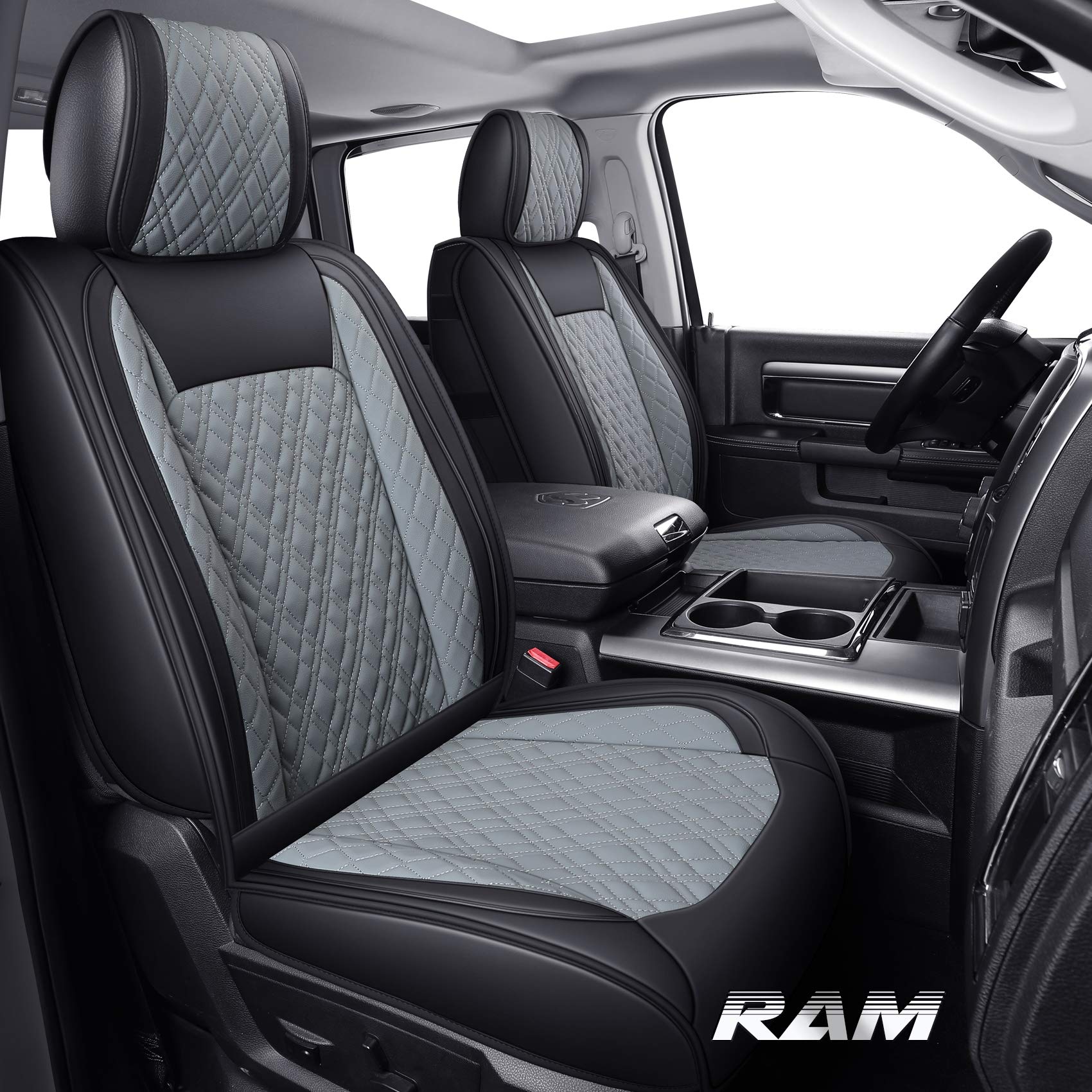 YIERTAI Dodge Ram Seat Covers Full Set for 2009-2025 1500/2500/3500 Pickup Trucks - Compatible with Classic, Bighorn, Longhorn, Laramie, Crew, Double, Mega Cab & Tradesman Models (Black/Gray) - Perfect for Off-Roading, Work & Daily Commute