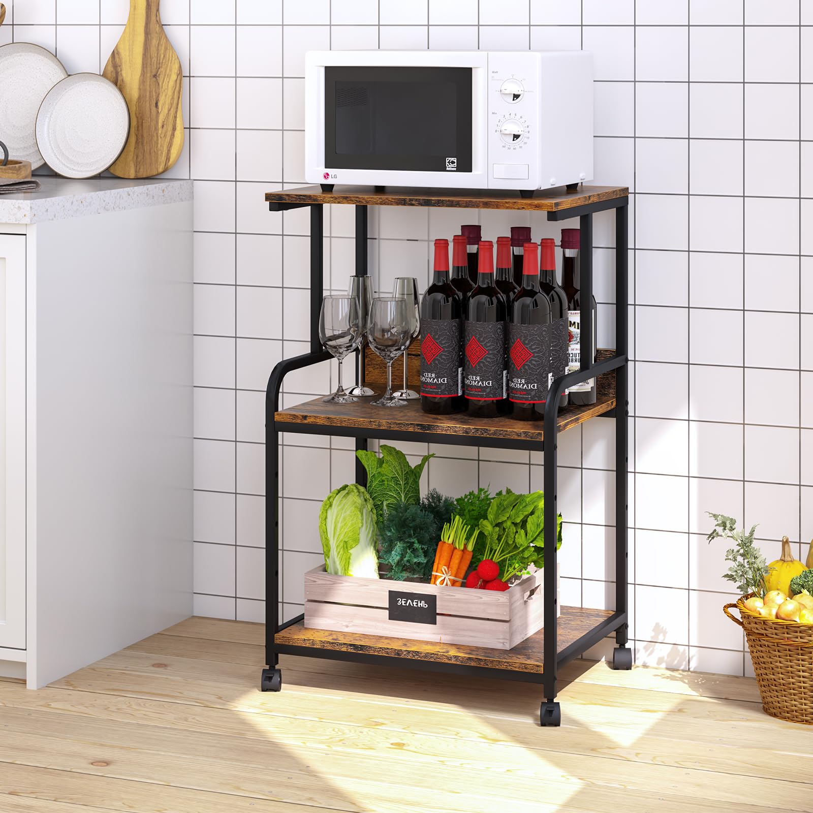 3-Tier Mobile Printer Stand with Storage Shelf & Wheels - Industrial Style Rolling Cart for Home Office - Holds Printer, Heat Press, Scanner, Fax - Perfect for Small Spaces & Workspaces (Brown)