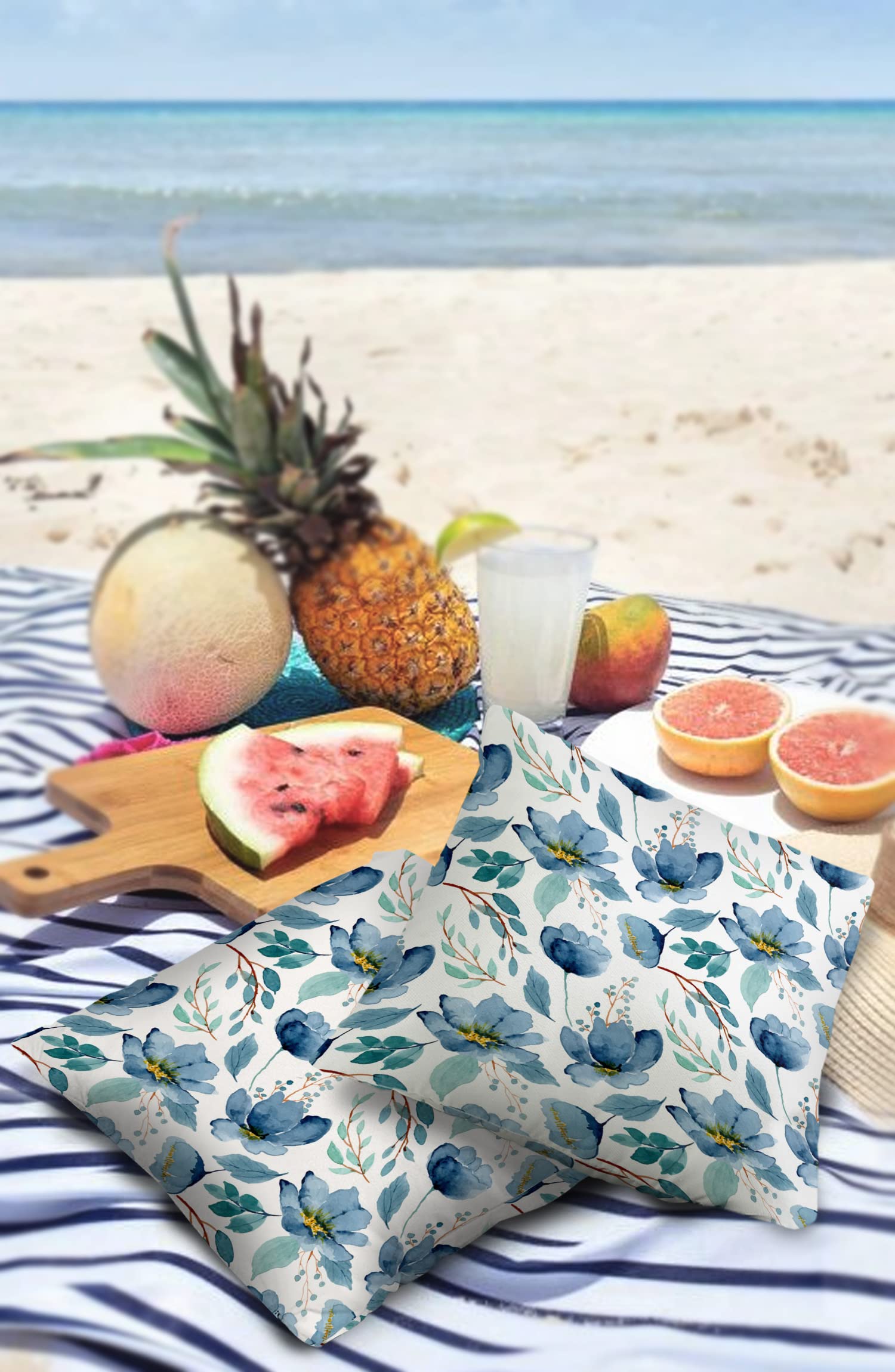 Waterproof Outdoor Throw Pillow Cover - Blue Floral Watercolor Design for Patio Furniture, Garden Sofa & Deck (18x18 Inch) | All-Weather Decorative Cushion Sham for Summer, Poolside & Porch Use