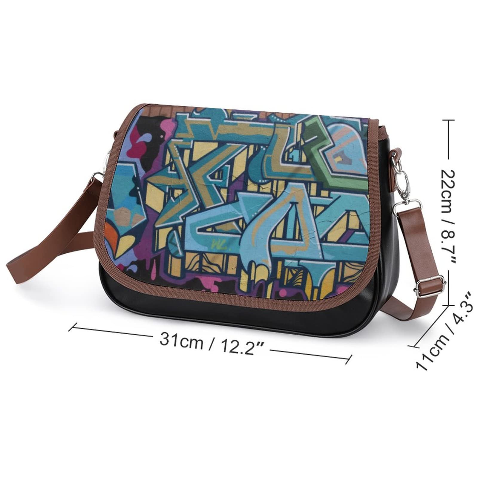 Stylish Printed Leather Crossbody Bags for Women - Designer Shoulder Messenger Satchel with Blue Slogan Doodle | Perfect for Work, Travel & Everyday Use