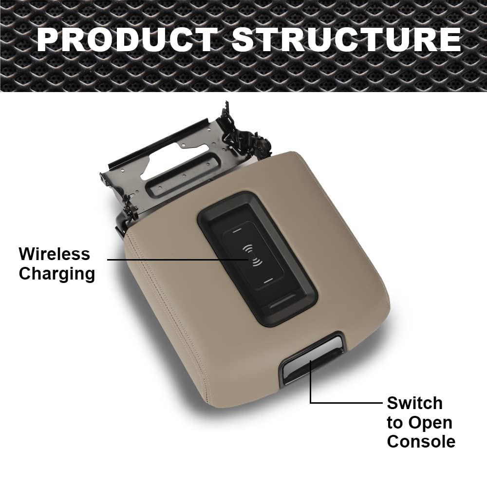 Wireless Charging Center Console Armrest Cover Compatible with 2015-2019 Chevy Tahoe Suburban & GMC Yukon XL - Premium PU Leather Brown - Perfect for Road Trips & Daily Commute