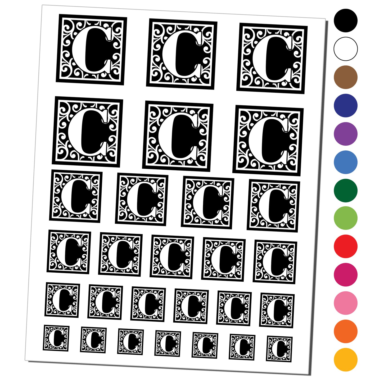Monogram Swirls Letter C Temporary Tattoo - Waterproof Fake Body Art Set (Black, 1 Sheet) for Parties, Festivals, and Special Events