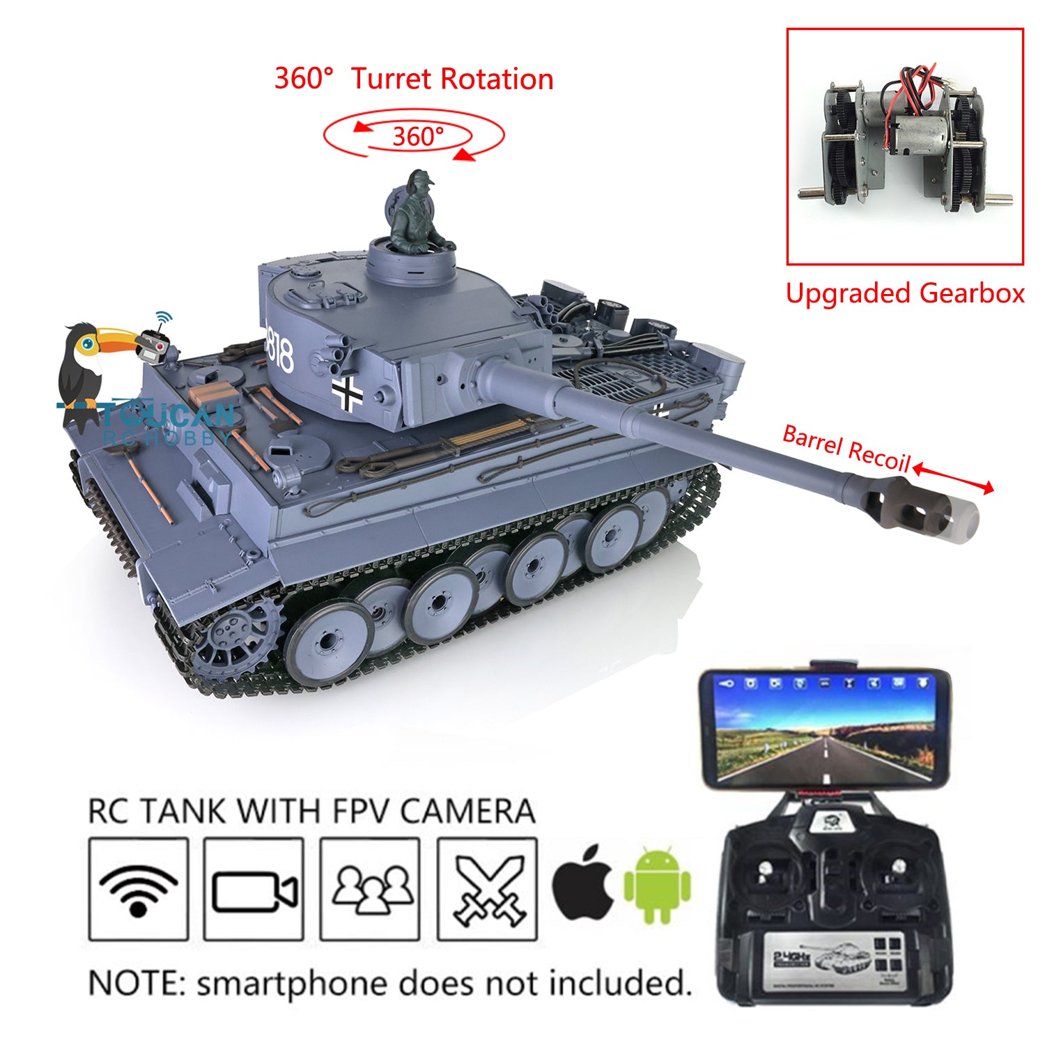 Henglong 1/16 Scale 7.0 Plastic Tiger I RC Tank Model 3818 with 360° Rotating Turret, Recoil Barrel, FPV Phone Holder & Steel Gearbox - Realistic Engine Sound for Military Enthusiasts & Battle Simulation