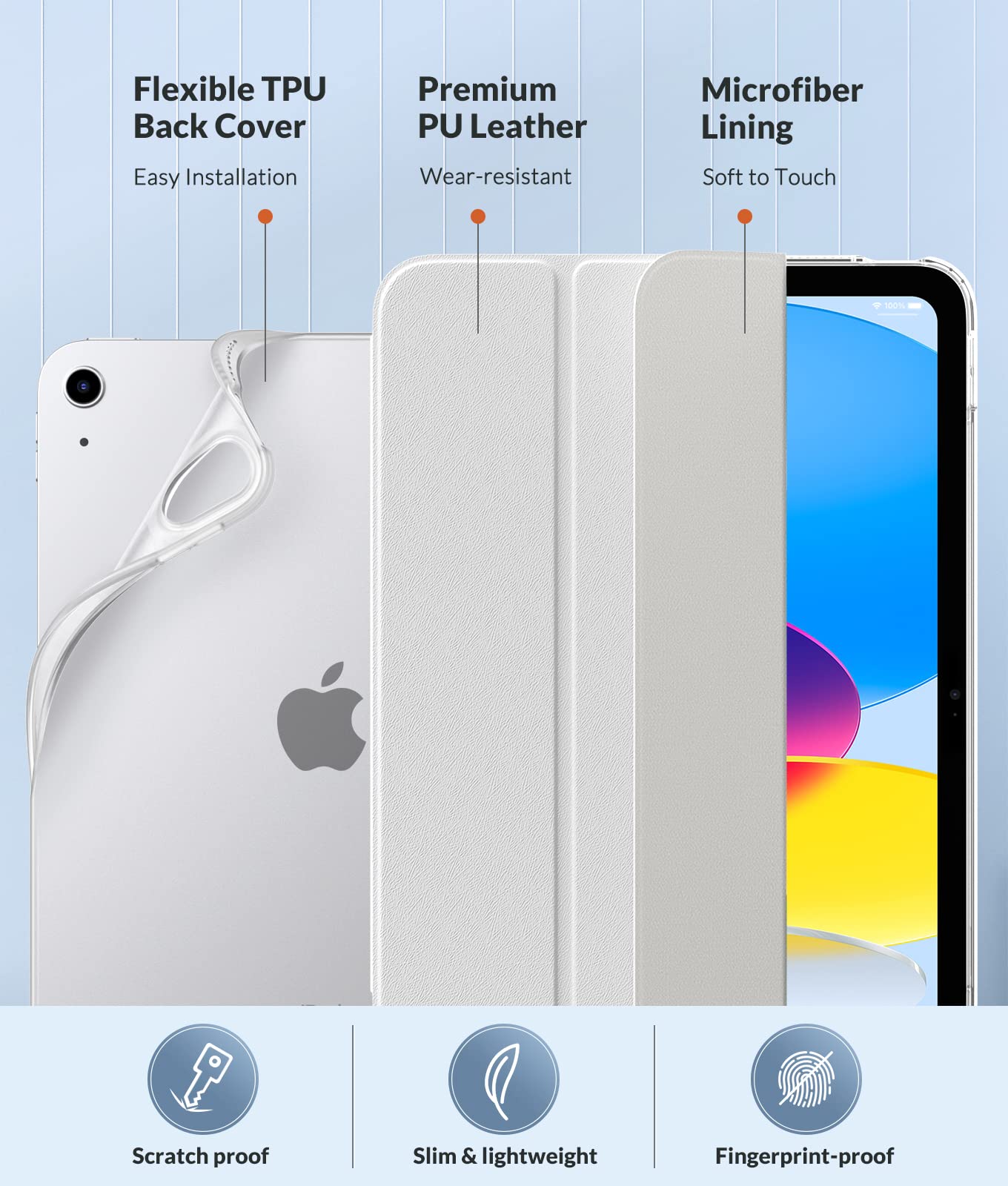 MoKo iPad 11th Gen (2025) & 10th Gen (2022) Case - Slim Protective Cover with Translucent Frosted Back, Auto Wake/Sleep, Touch ID Support - Perfect for Work, School & Travel (White)