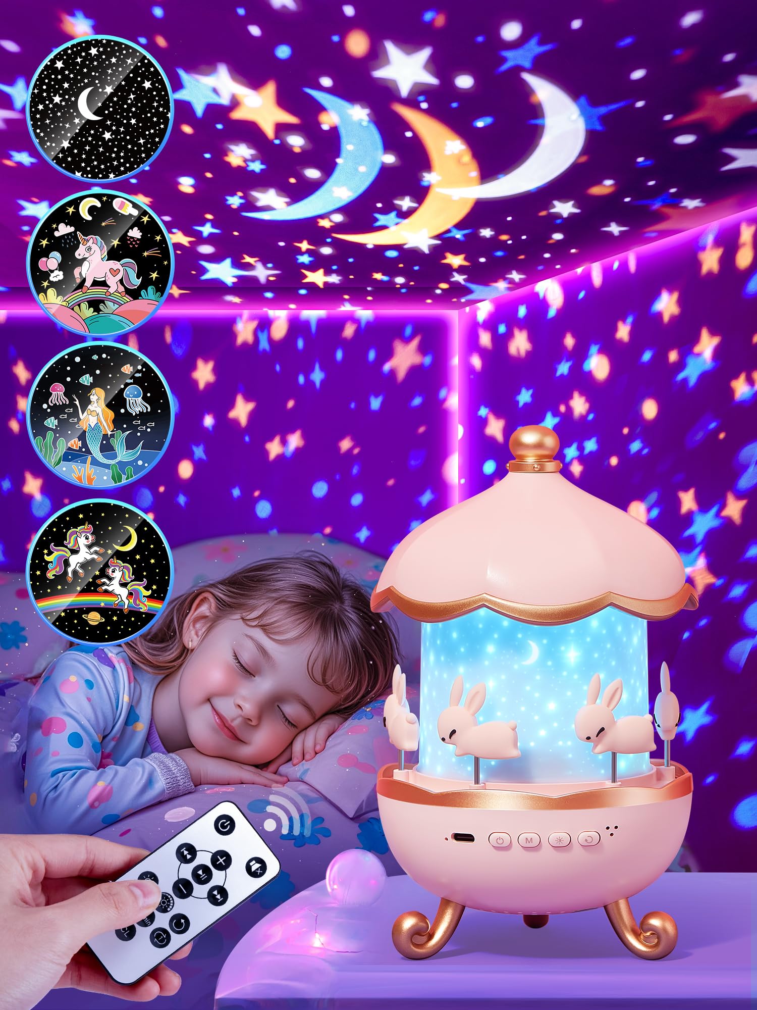 21 Colors Kids Night Light with 360° Star Projector & Remote - 15 Films, 10 Music Options for Ceiling Projection - Perfect for Bedrooms, Nurseries & Sleep Aid for Girls Ages 1-9