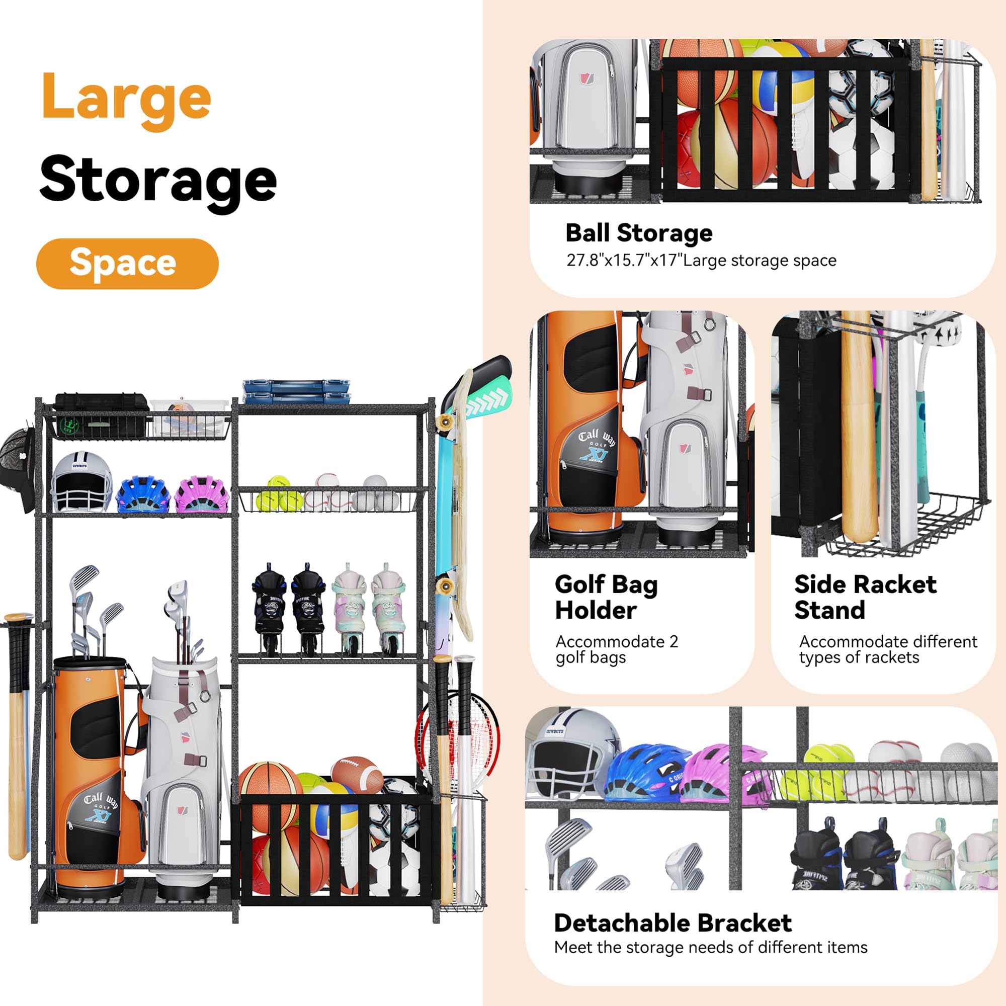 HOMREST 2-Pack Golf Bag Storage Stand with Ball Holder & Hooks - Garage Sports Organizer with Basket - Black - Perfect for Organizing Golf Clubs, Sports Balls & Toy Equipment in Garage, Basement or Playroom