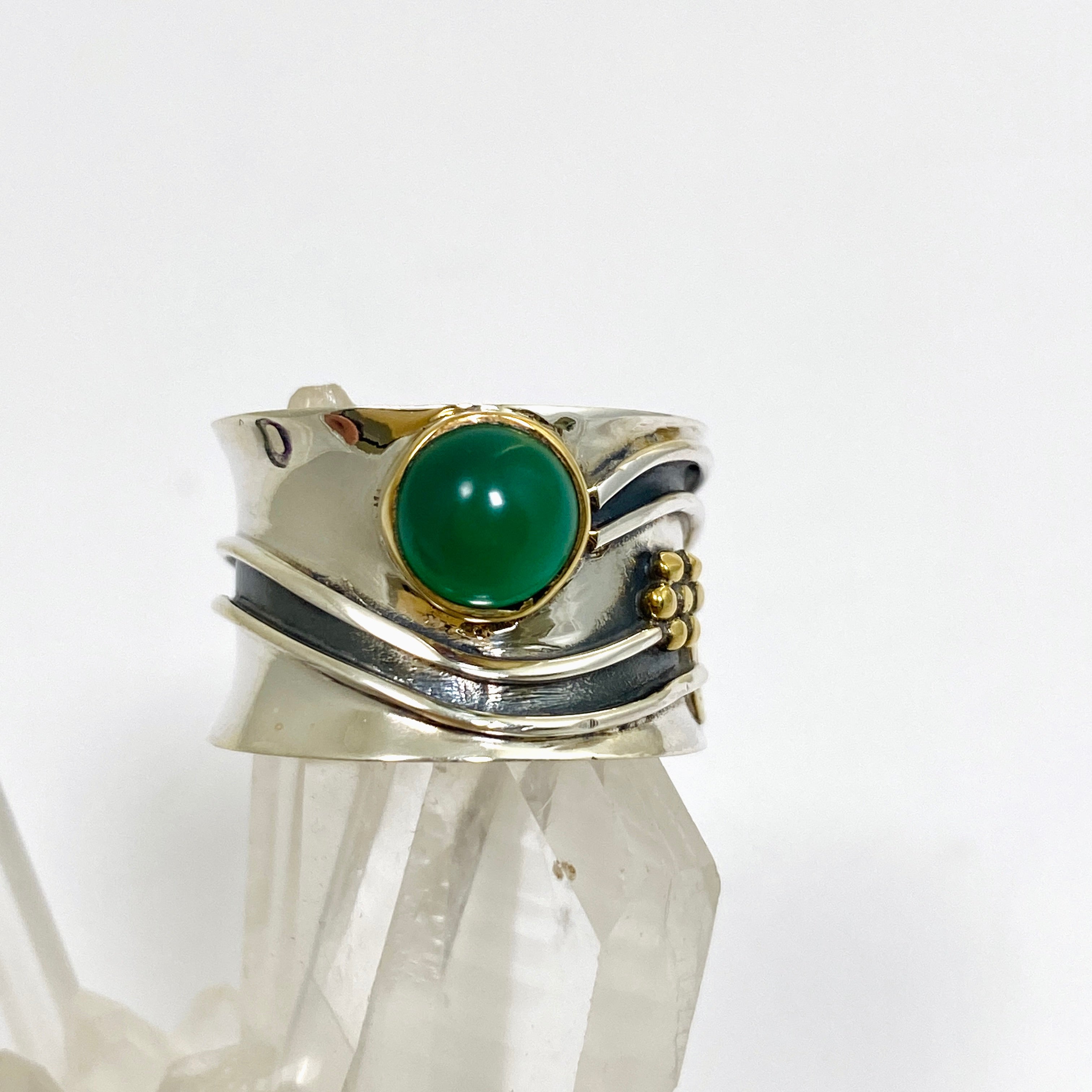 Green Chalcedony Round Cabochon Ring in Decorative Setting R4198 – Elegant Jewelry for Women, Perfect for Weddings, Parties & Special Occasions