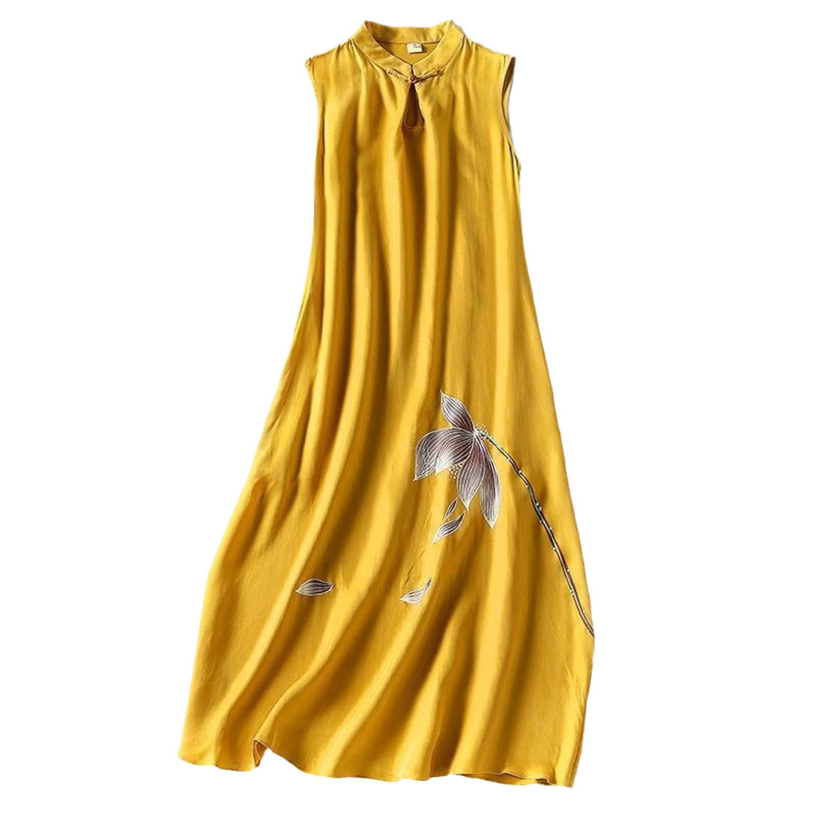 Women's Summer Sleeveless Long Yellow Printed Qipao Vest Dress - Elegant Floral Chinese Style for Casual Wear, Beach Vacation & Special Occasions